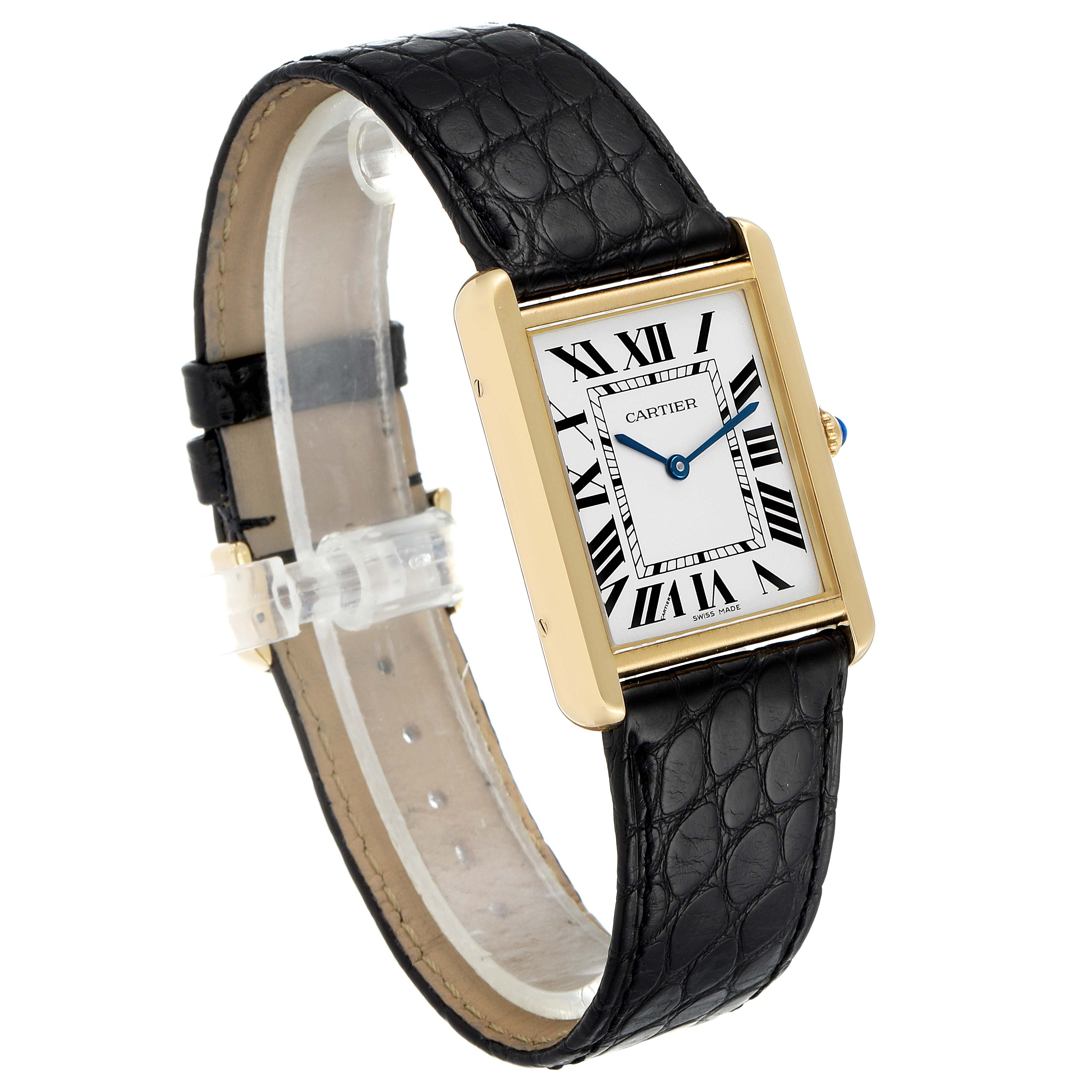 The image shows a Cartier Tank Solo W1018855 Men's Yellow Gold Silver Dial W1018855 Men's Yellow Gold Silver Dial watch at a three-quarter angle, highlighting the face, bezel, and black leather strap.