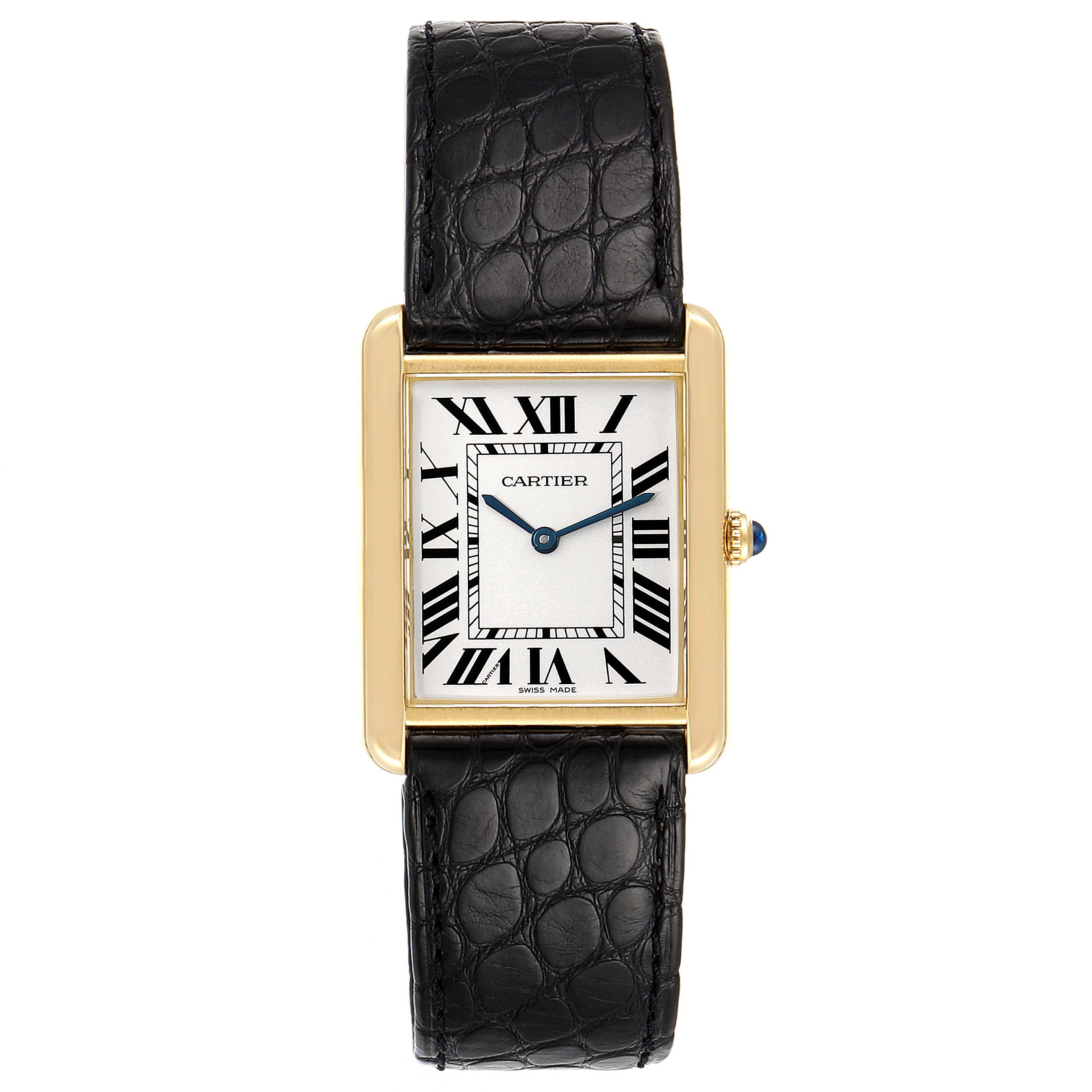 The image shows a top-down view of the Cartier Tank Solo W1018855 Men's Yellow Gold Silver Dial W1018855 Men's Yellow Gold Silver Dial watch, displaying its rectangular face, black Roman numerals, and black leather strap.
