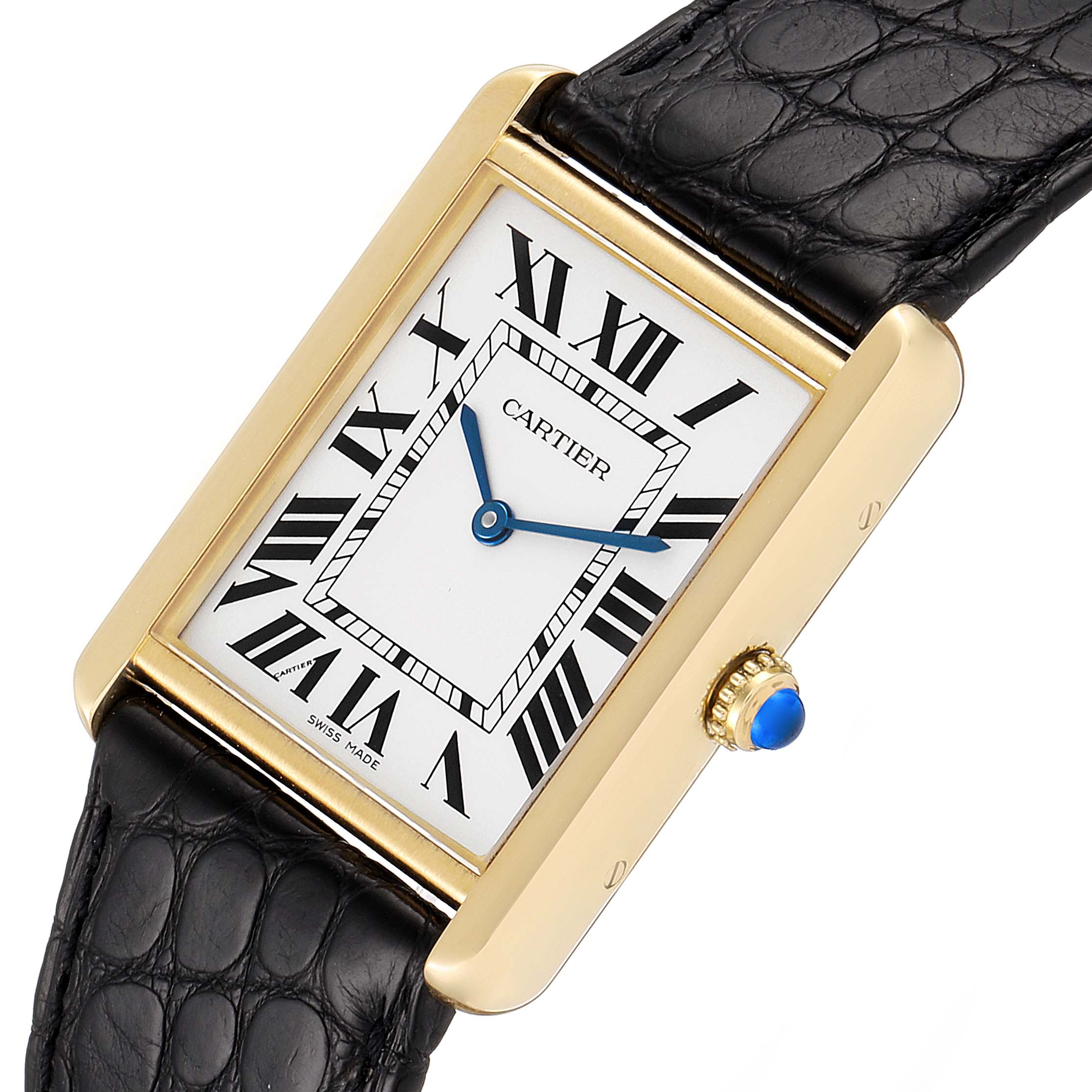 The image shows a Cartier Tank Solo W1018855 Men's Yellow Gold Silver Dial W1018855 Men's Yellow Gold Silver Dial watch from an angled top-down view, highlighting its rectangular face, Roman numerals, leather strap, and blue cabochon crown.