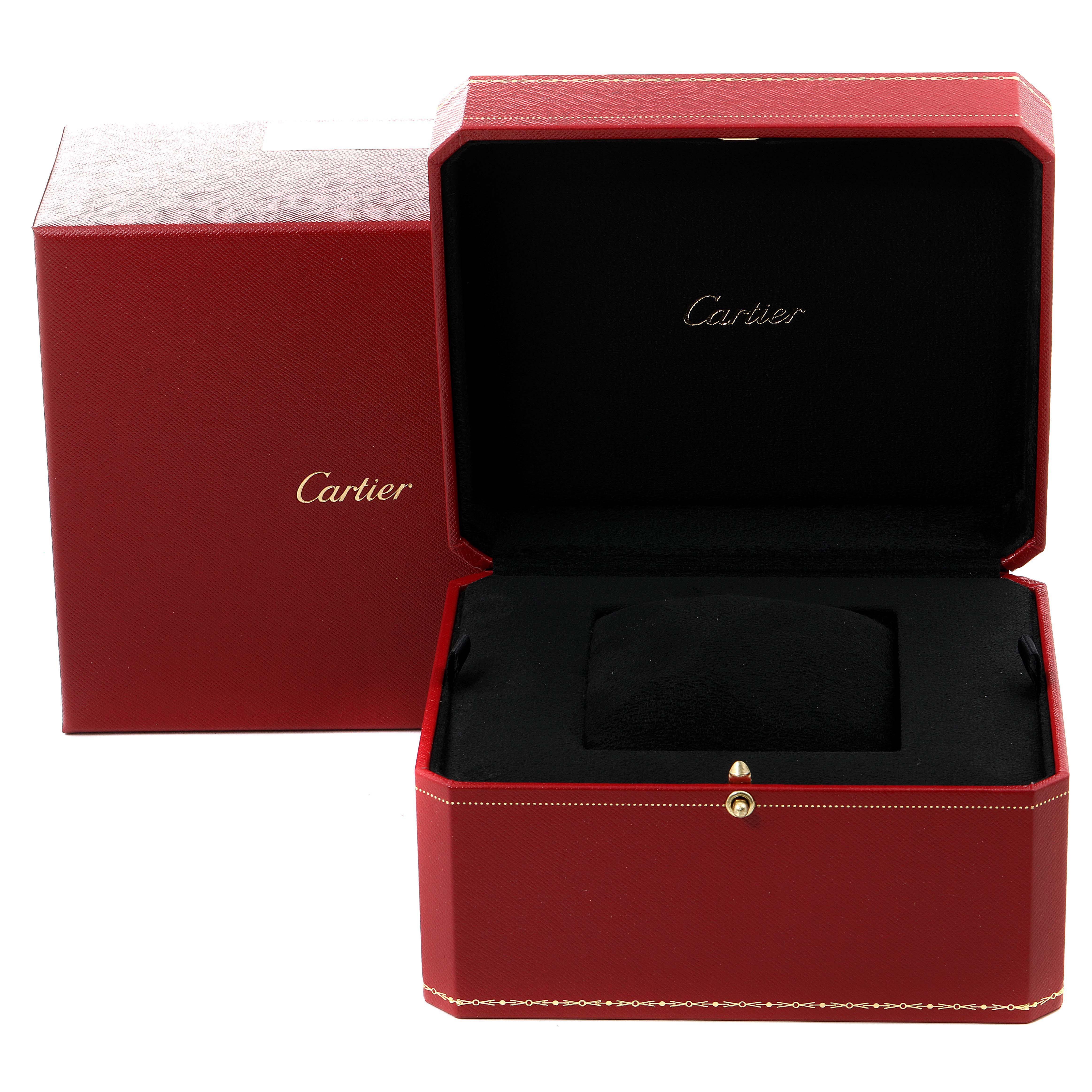 The image shows an open Cartier Tank Solo W1018855 Men's Yellow Gold Silver Dial W1018855 Men's Yellow Gold Silver Dial watch box and its outer packaging, both in red with the Cartier logo.