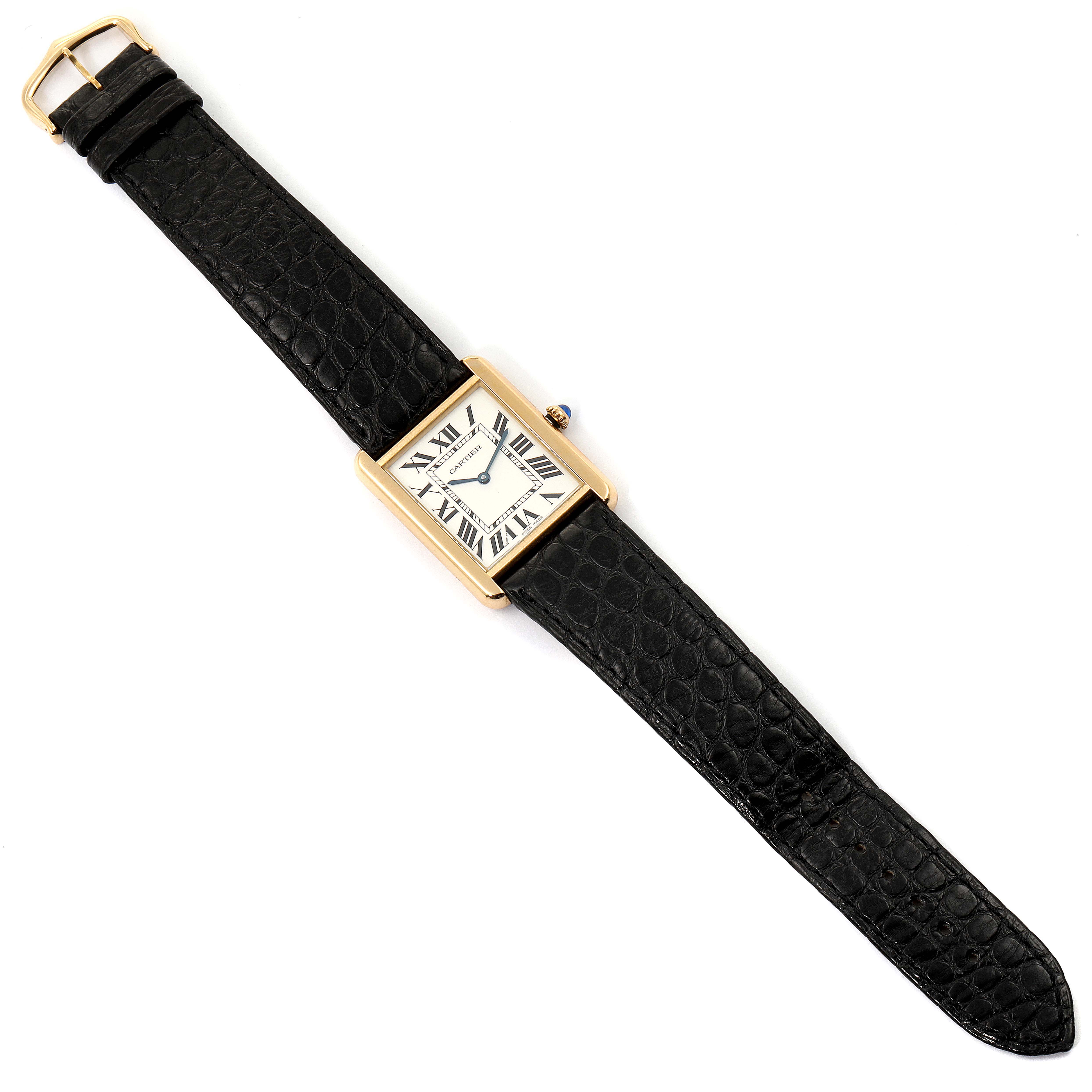 The Cartier Tank Solo W1018855 Men's Yellow Gold Silver Dial W1018855 Men's Yellow Gold Silver Dial watch is shown from a top-down angle, displaying the face, case, strap, and buckle.