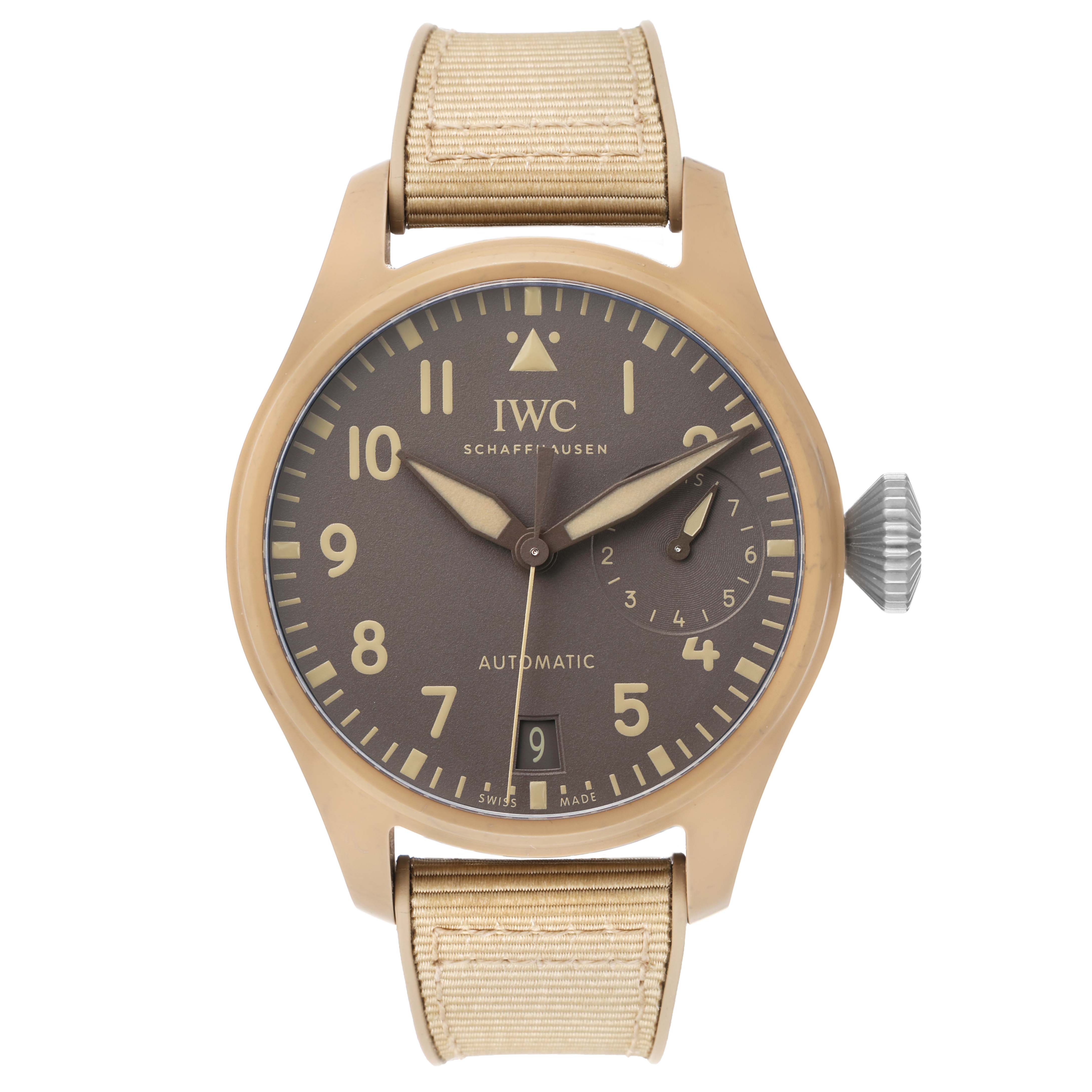 The IWC Pilot IW506003 Men's Ceramic Brown Dial model watch is shown from a front angle, displaying the dial, hands, crown, and beige strap.