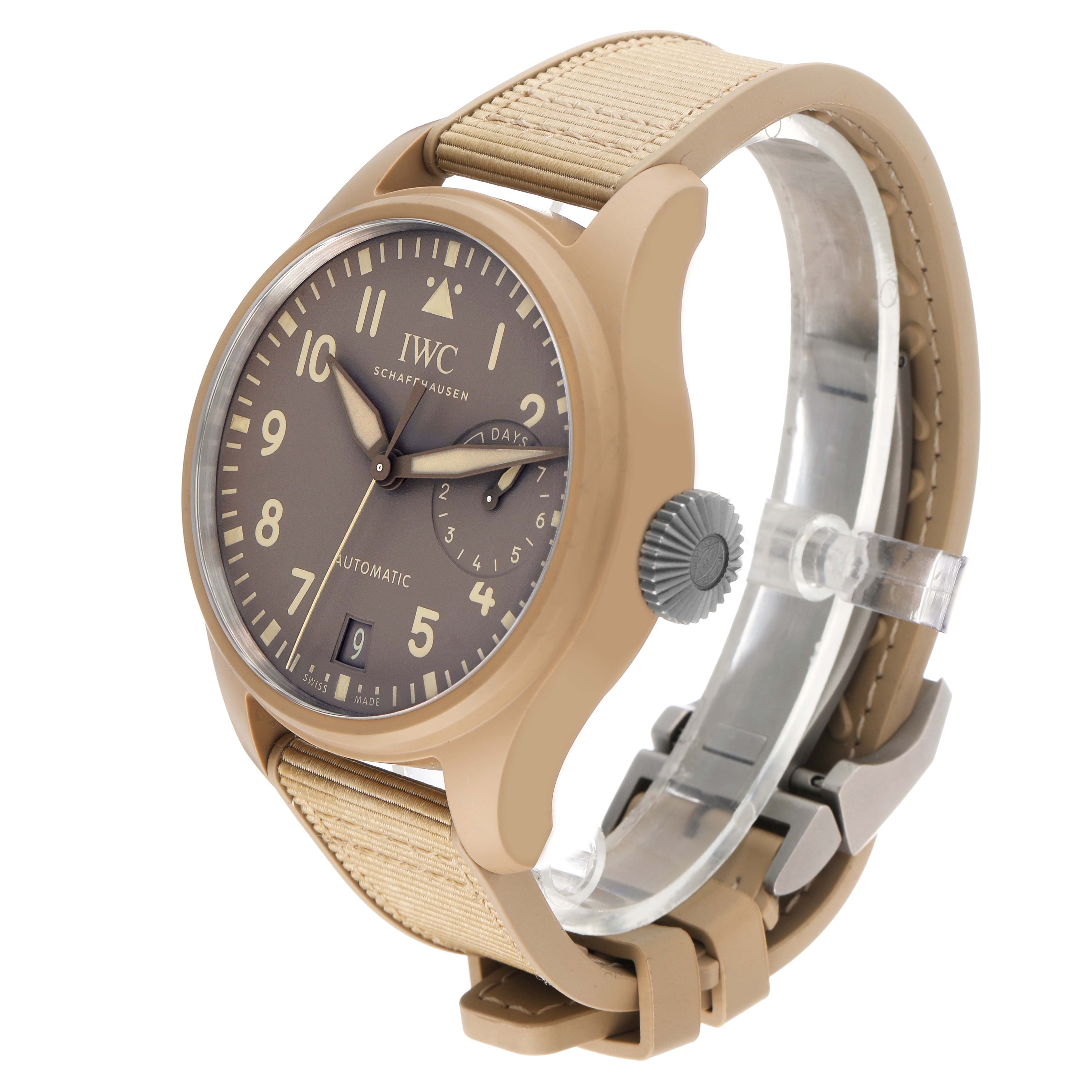 This IWC Pilot IW506003 Men's Ceramic Brown Dial watch is shown at a three-quarter angle, revealing the face, bezel, crown, and strap.