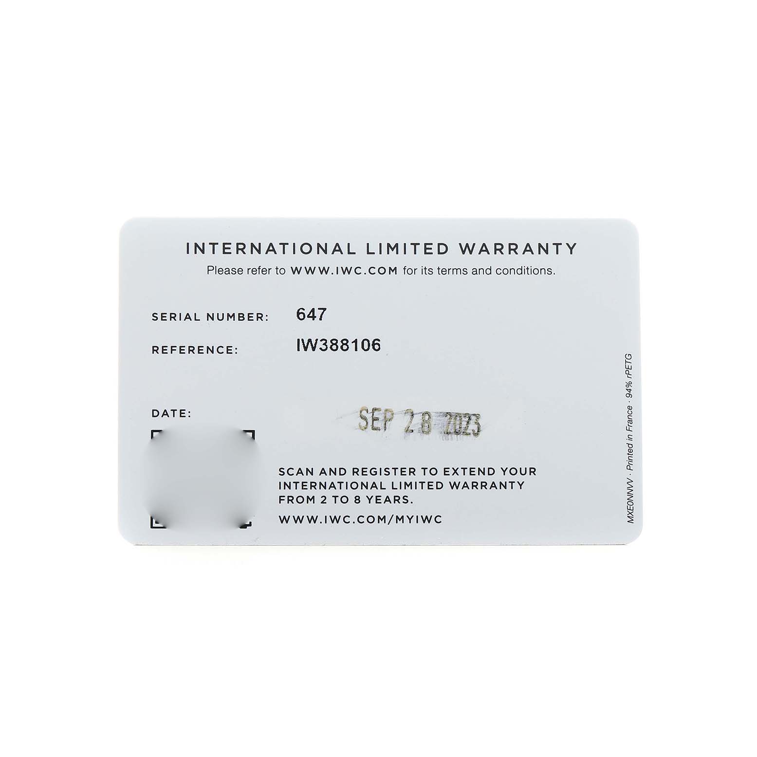 The image shows the international warranty card for the IWC Pilot IW388106 Men's Ceramic Black Dial model watch.