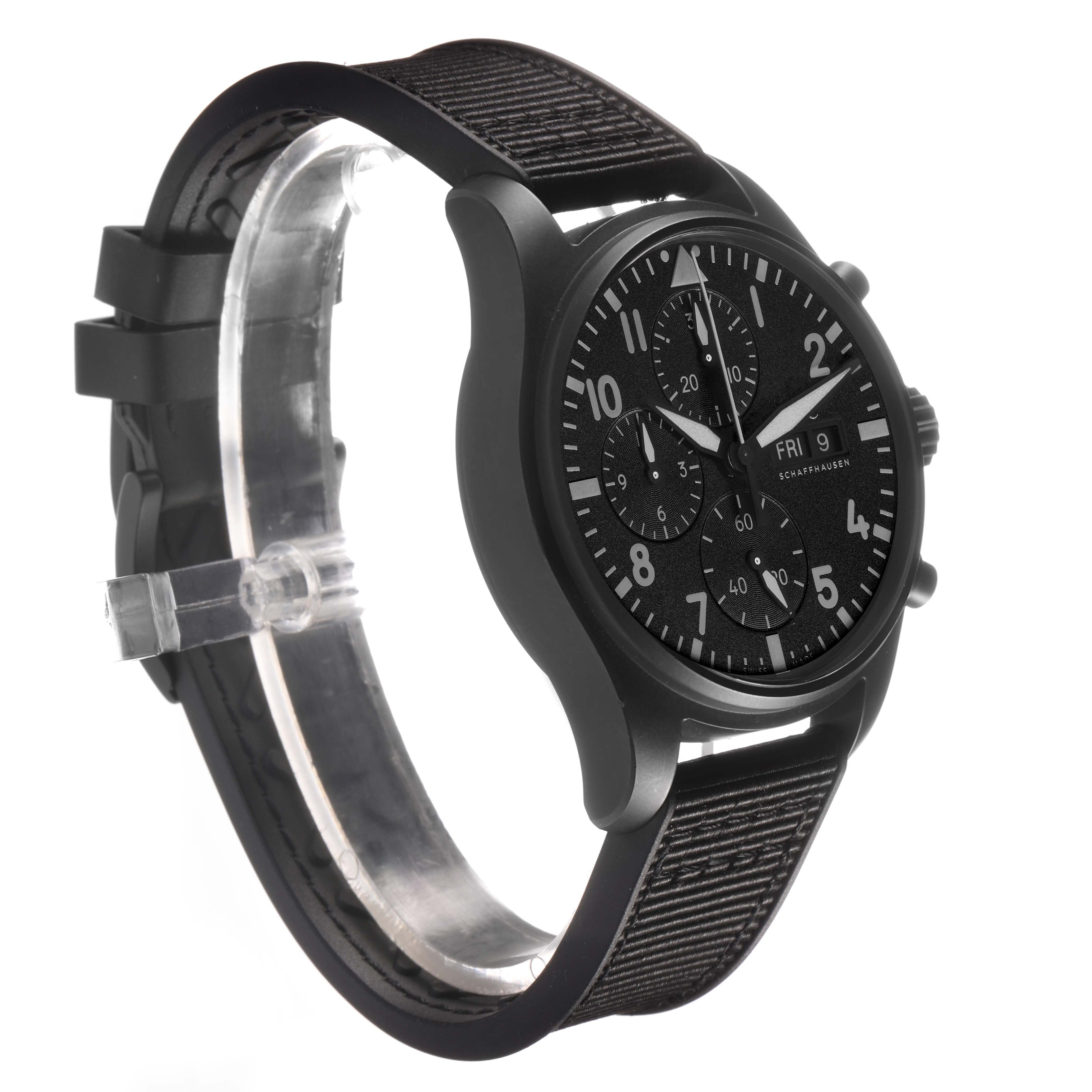 The IWC Pilot IW388106 Men's Ceramic Black Dial model watch is shown at a side angle, displaying the dial, case, crown, and strap.