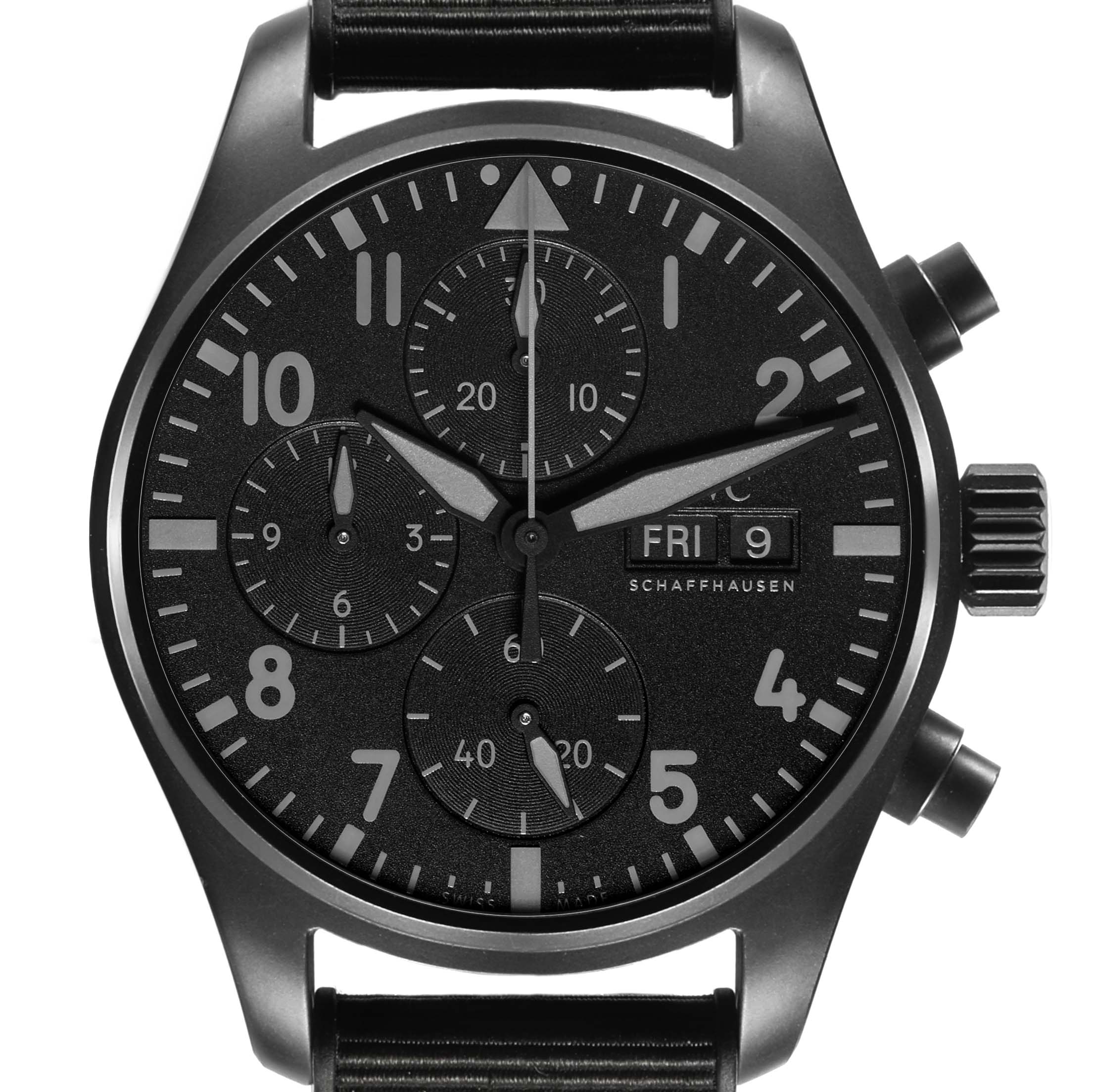 The IWC Pilot IW388106 Men's Ceramic Black Dial watch is shown from a front angle, displaying the dial, subdials, and crown.