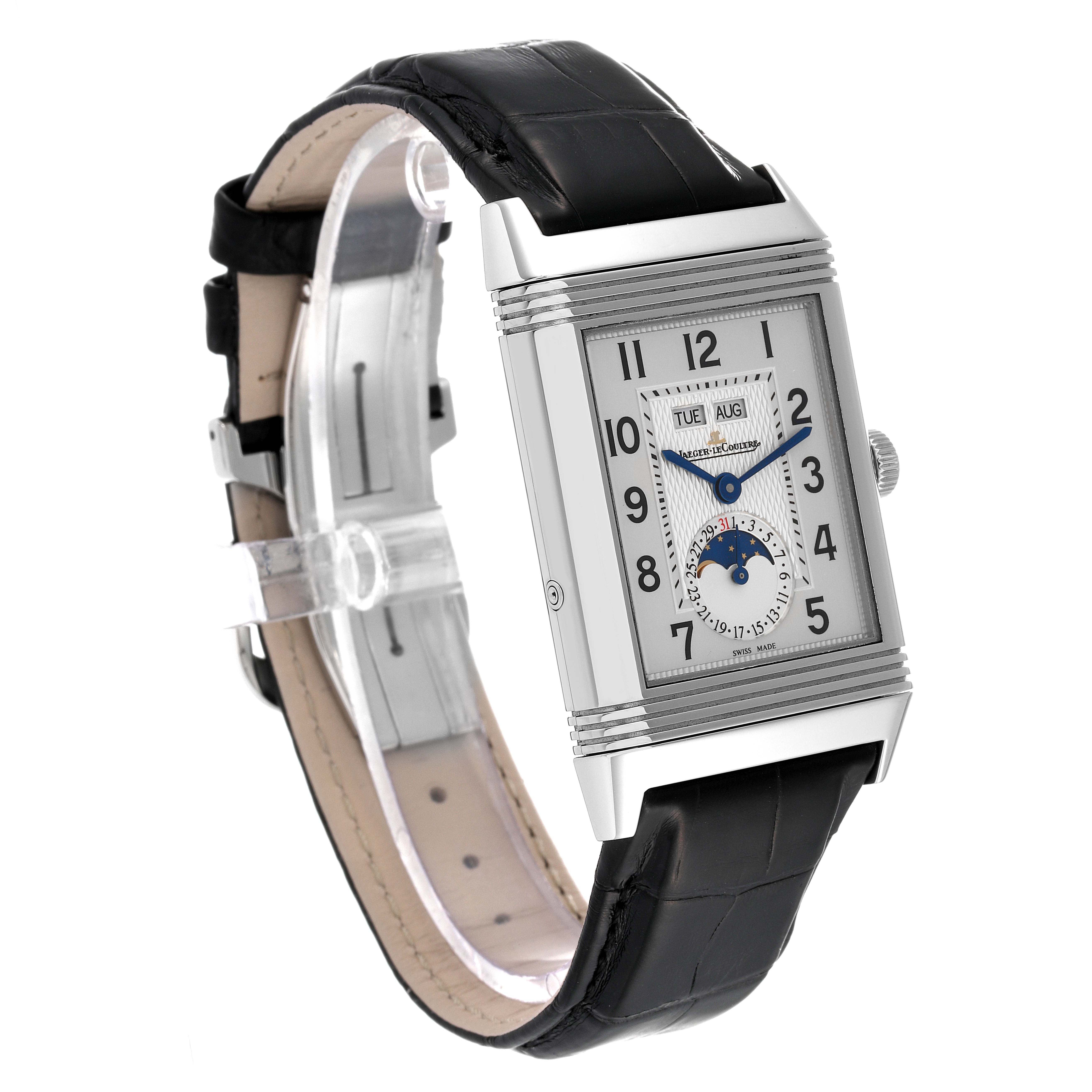 This Jaeger LeCoultre Reverso Q3758420 Men's Stainless Steel Silver Dial Q3758420 Men's Stainless Steel Silver Dial model watch is shown at a slight angle, prominently displaying the face, case, and black leather strap.