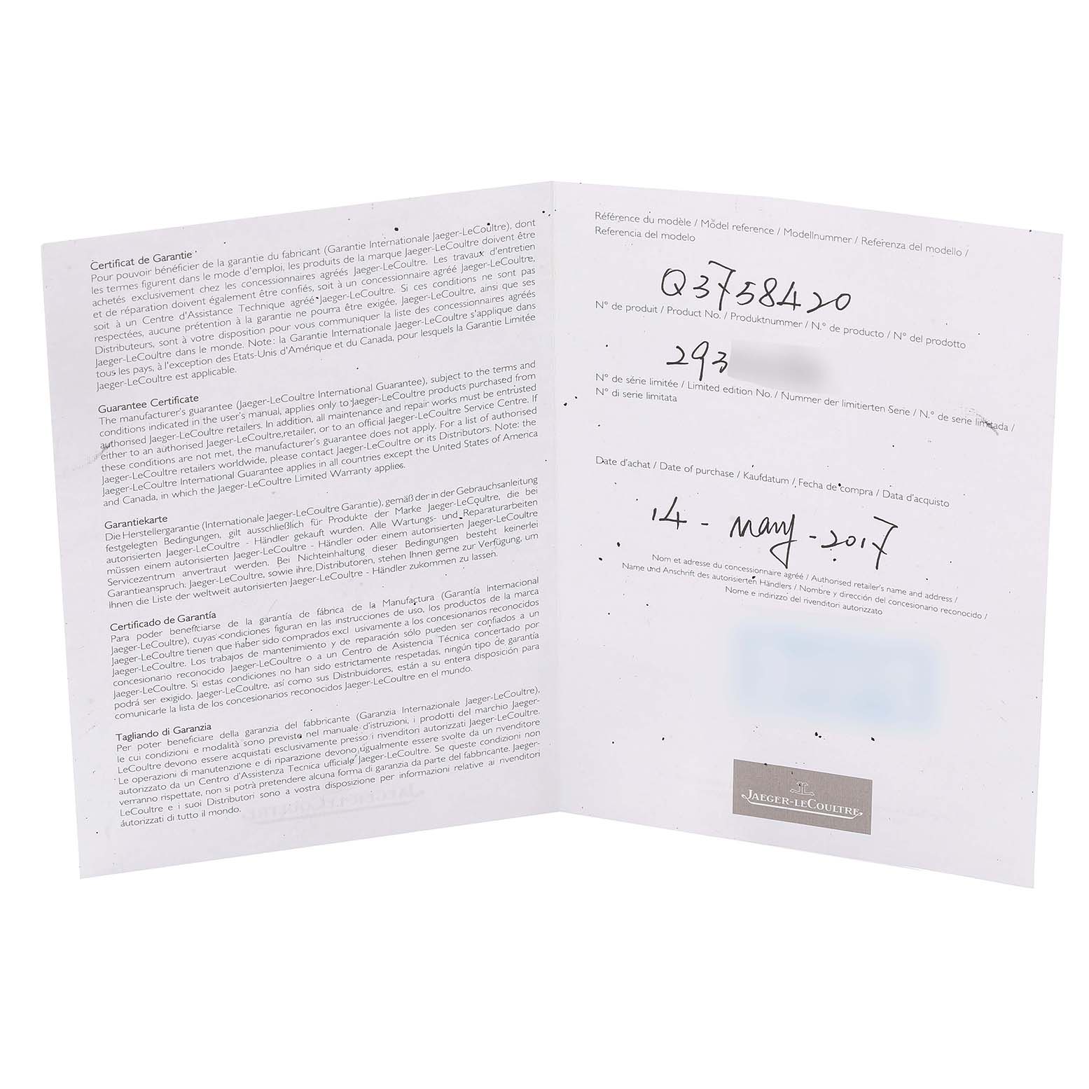 This image shows an open warranty certificate for a Jaeger LeCoultre Reverso Q3758420 Men's Stainless Steel Silver Dial Q3758420 Men's Stainless Steel Silver Dial watch on a flat surface.