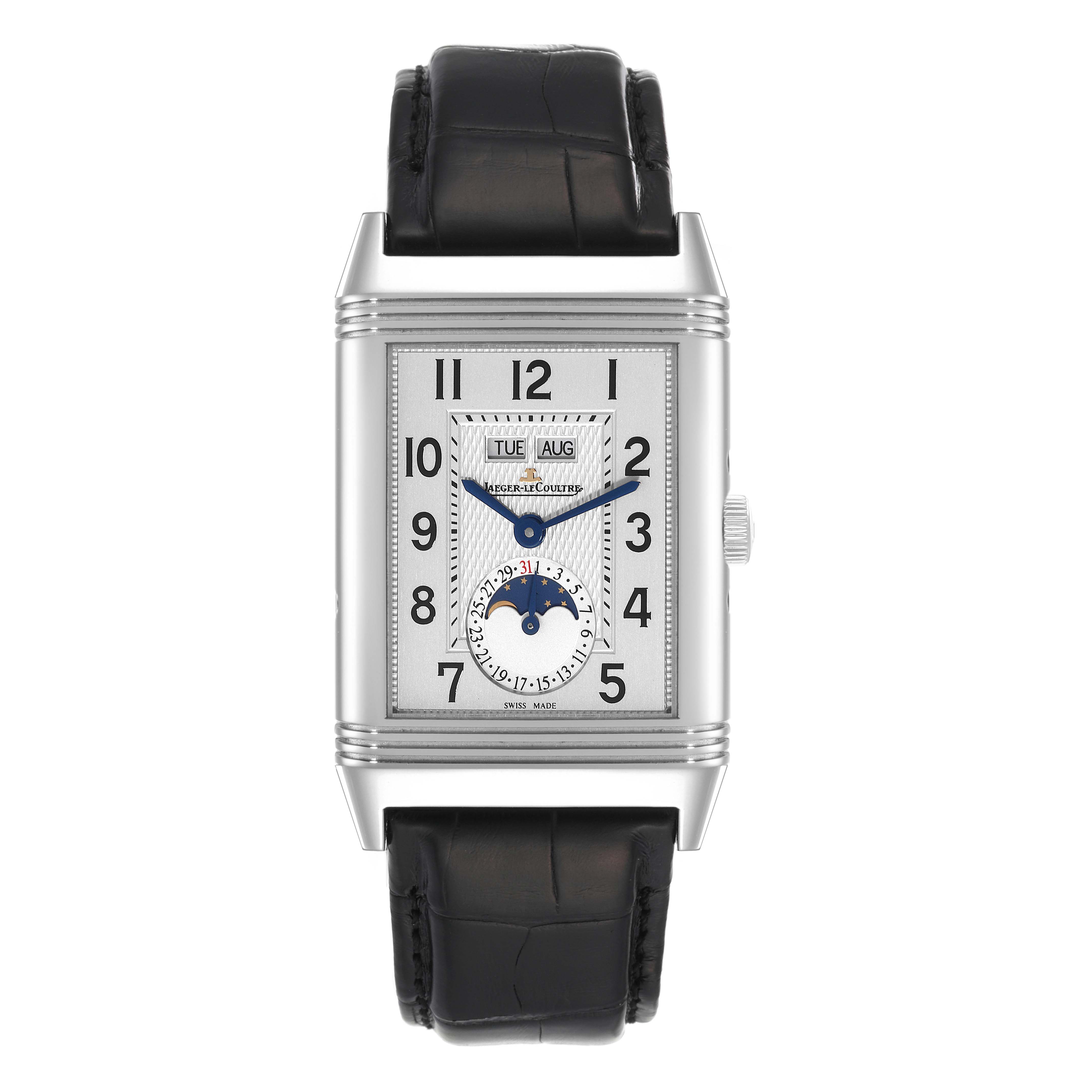 This image shows a front view of the Jaeger LeCoultre Reverso Q3758420 Men's Stainless Steel Silver Dial Q3758420 Men's Stainless Steel Silver Dial watch with a rectangular face, black leather strap, and moon phase indicator.
