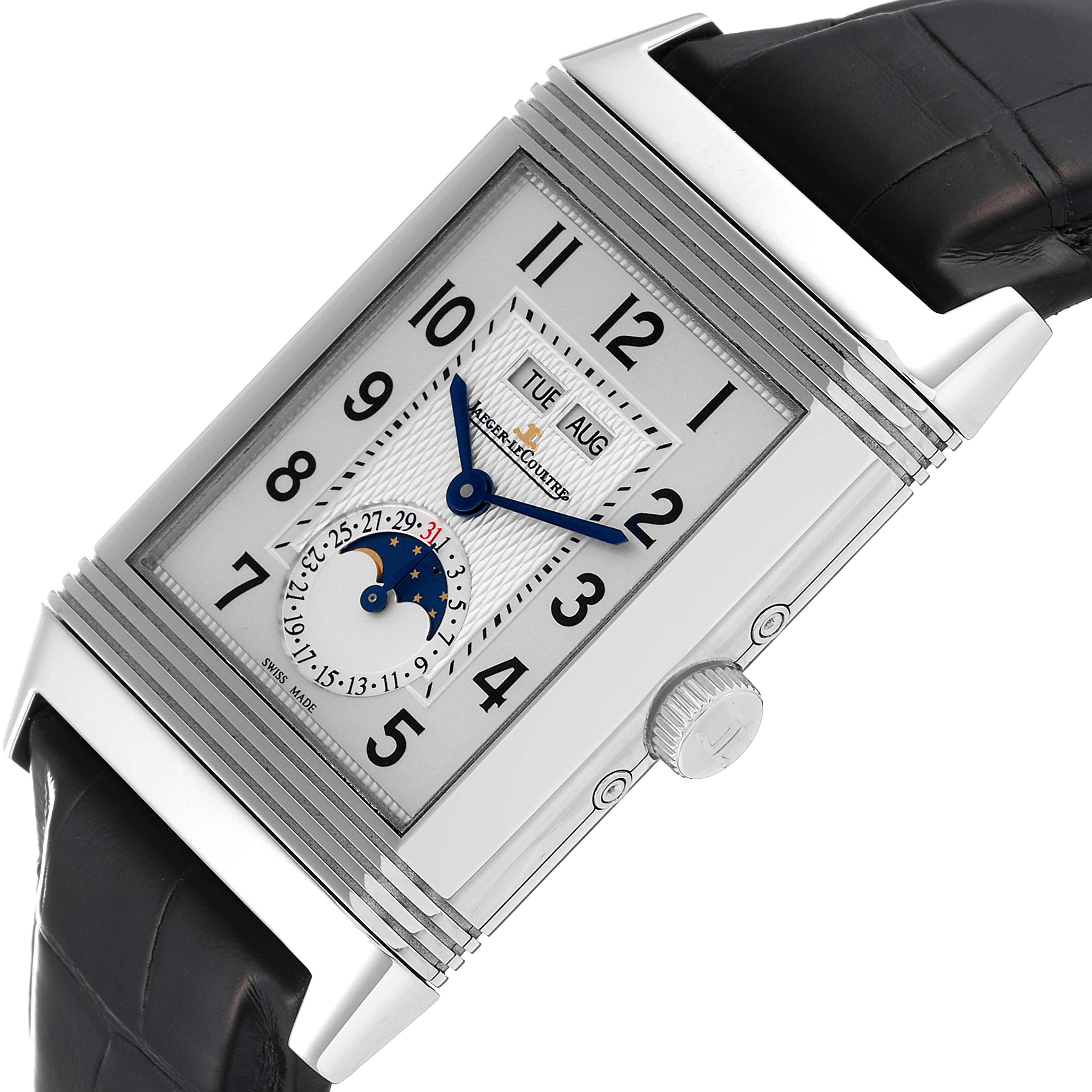 The image shows a close-up of the Jaeger LeCoultre Reverso Q3758420 Men's Stainless Steel Silver Dial Q3758420 Men's Stainless Steel Silver Dial watch at an angled side view, displaying the face with time, date, and moon phase.
