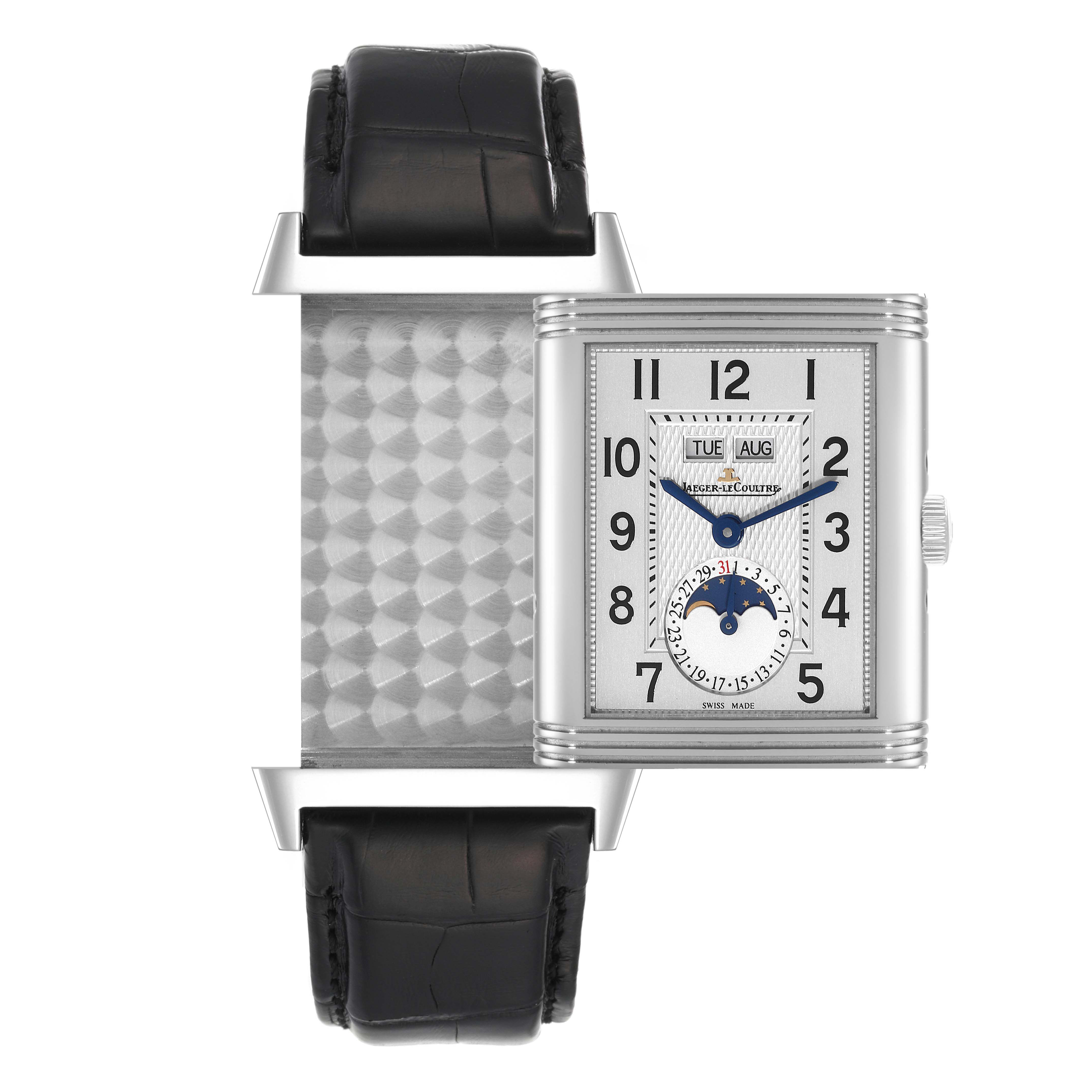 The image shows a Jaeger LeCoultre Reverso Q3758420 Men's Stainless Steel Silver Dial Q3758420 Men's Stainless Steel Silver Dial watch, demonstrating its reversible case and black leather strap from a front angle.