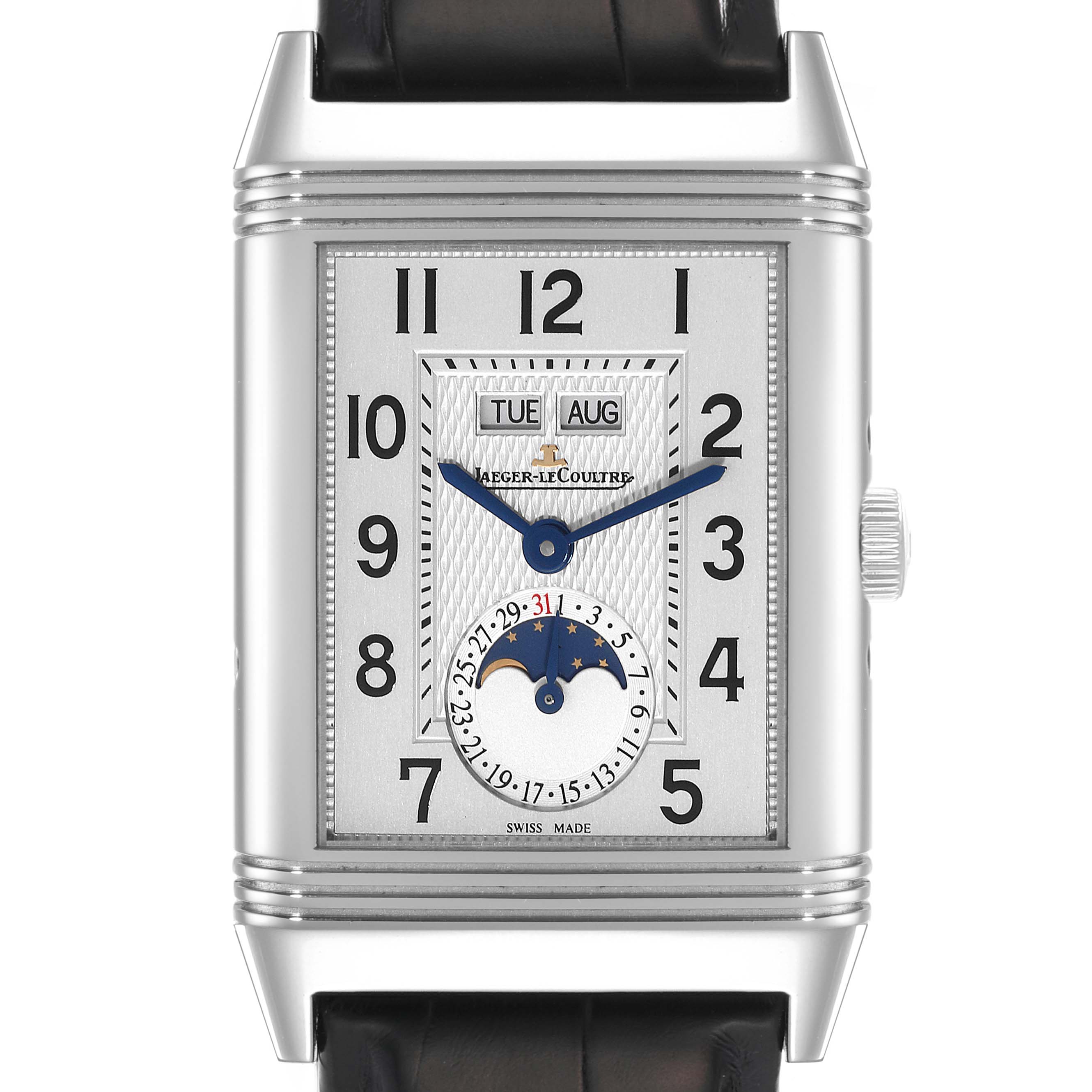 The image shows a front view of the Jaeger-LeCoultre Reverso watch, displaying the dial, hands, and moon phase complication.