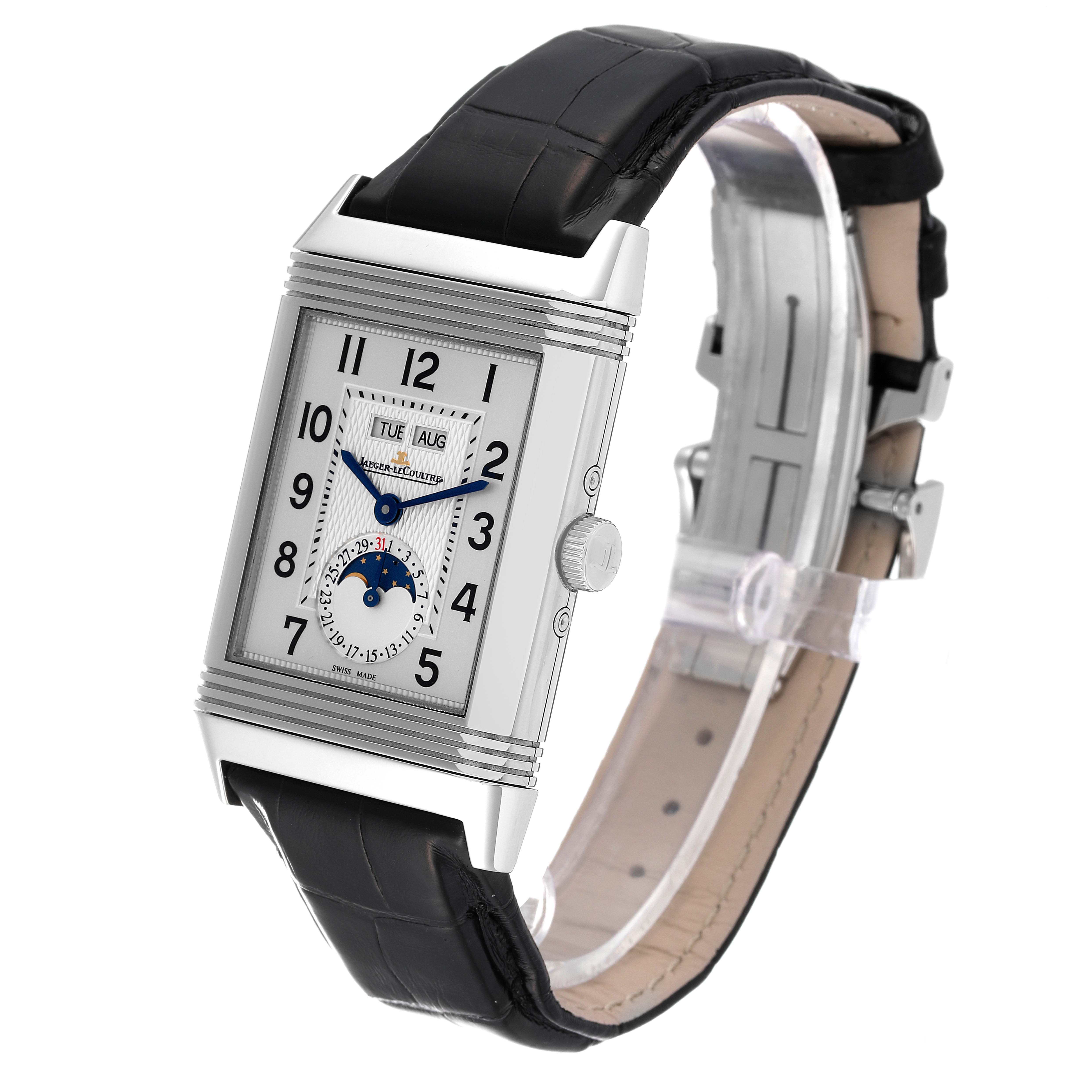 The Jaeger LeCoultre Reverso Q3758420 Men's Stainless Steel Silver Dial Q3758420 Men's Stainless Steel Silver Dial watch is shown at a three-quarter angle displaying its rectangular face, black leather strap, and clasp.