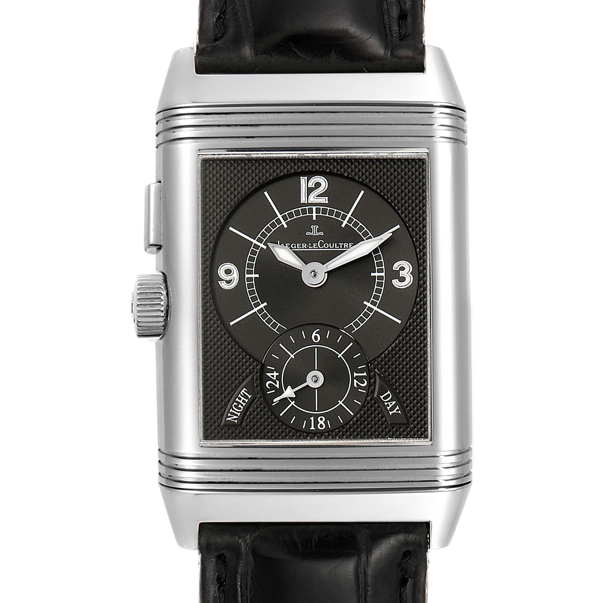The image shows a front view of the Jaeger LeCoultre Reverso Q2458420 Men's Stainless Steel Silver Dial Q2458420 Men's Stainless Steel Silver Dial watch, highlighting its dial, crown, and black leather strap.