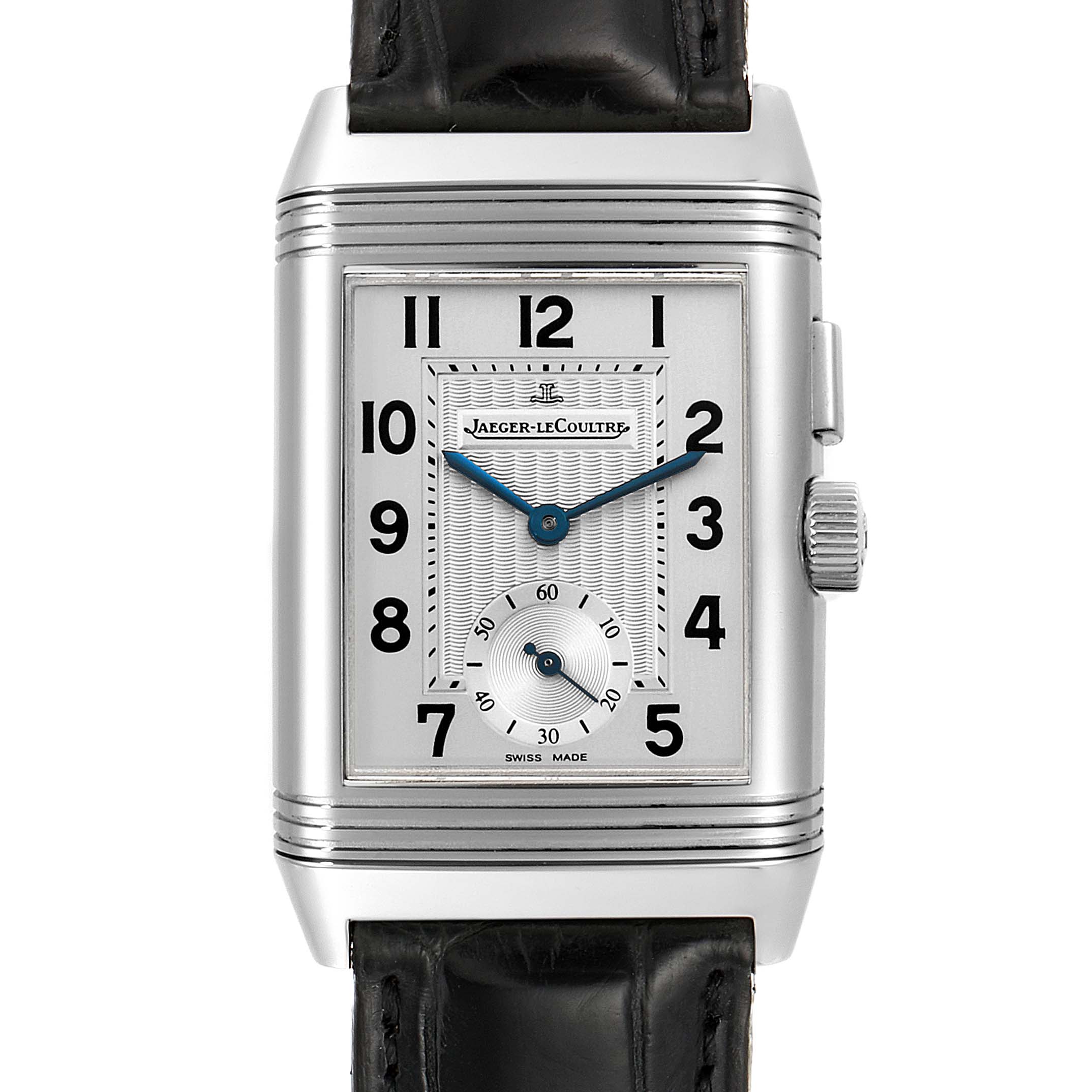 The Jaeger LeCoultre Reverso Q2458420 Men's Stainless Steel Silver Dial Q2458420 Men's Stainless Steel Silver Dial watch is shown from a frontal angle, displaying the dial, crown, and part of the leather strap.