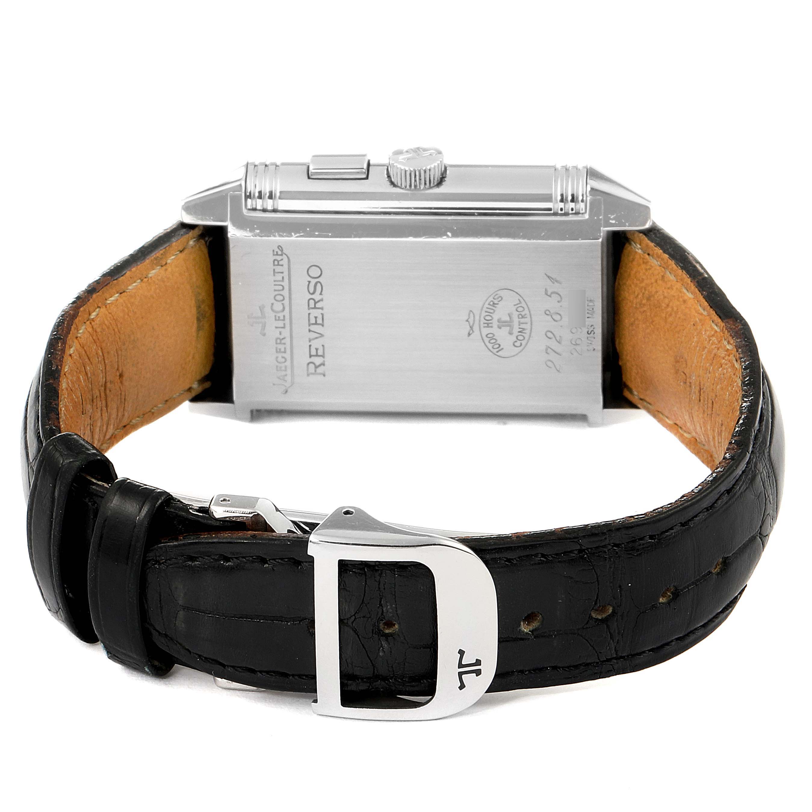 The image shows the back and clasp area of a Jaeger-LeCoultre Reverso watch.