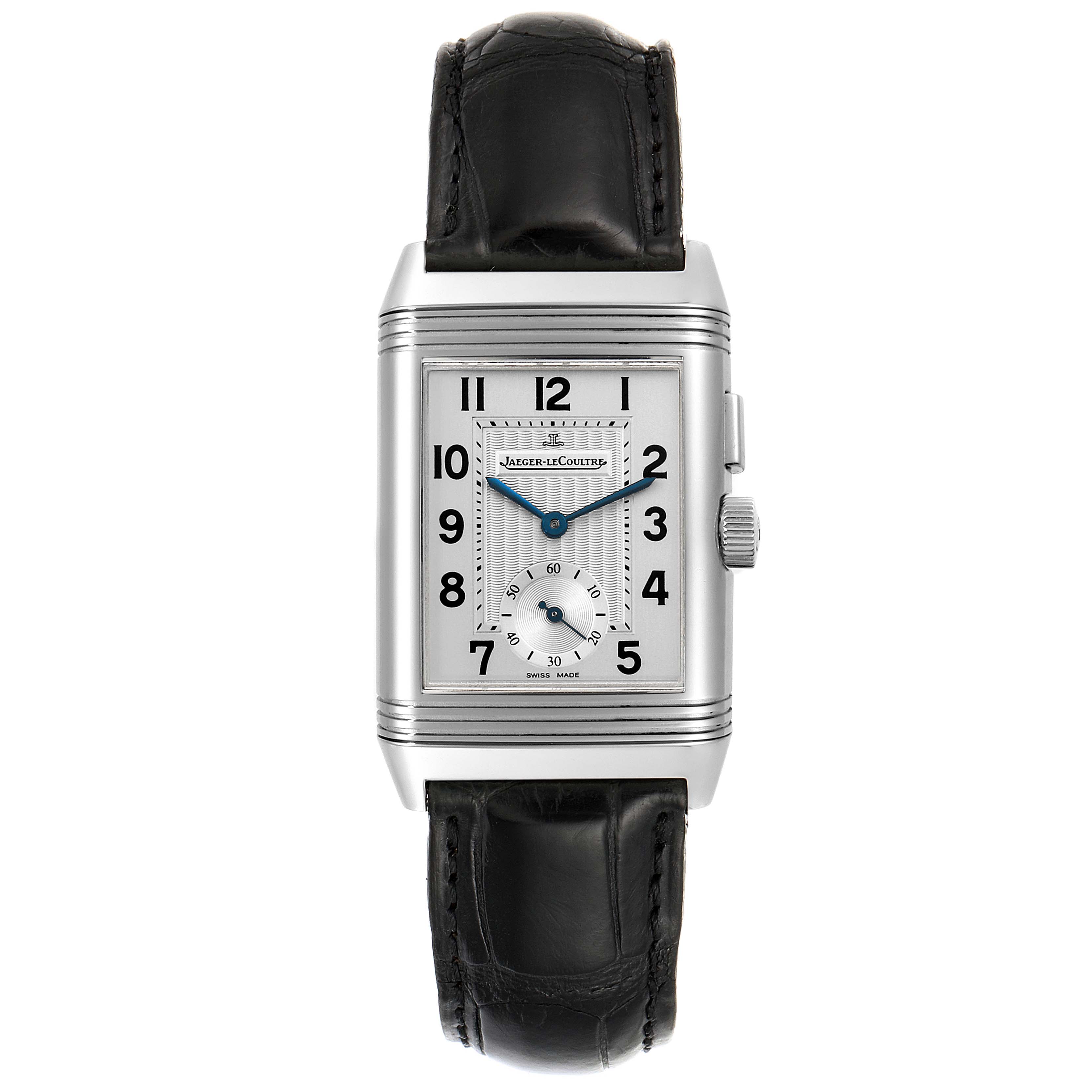 This image shows a front view of the Jaeger LeCoultre Reverso Q2458420 Men's Stainless Steel Silver Dial Q2458420 Men's Stainless Steel Silver Dial watch with its face and leather strap visible.