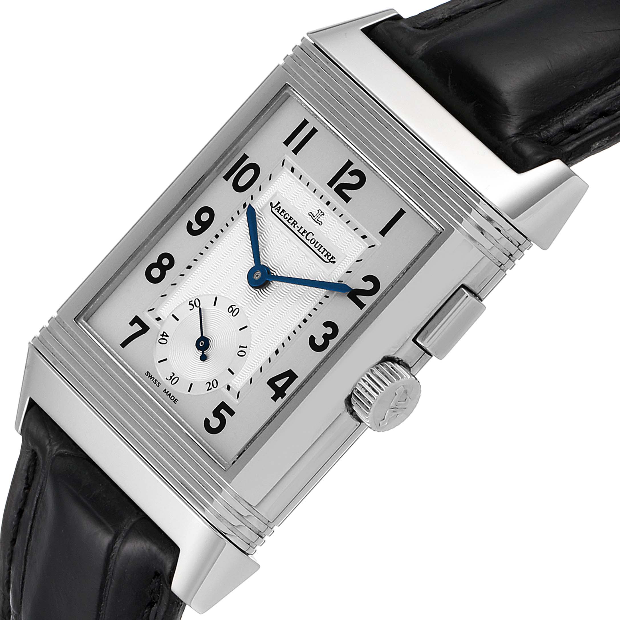 This image shows a Jaeger LeCoultre Reverso Q2458420 Men's Stainless Steel Silver Dial Q2458420 Men's Stainless Steel Silver Dial watch at an angled view, highlighting the face, blue hands, crown, and part of the leather strap.
