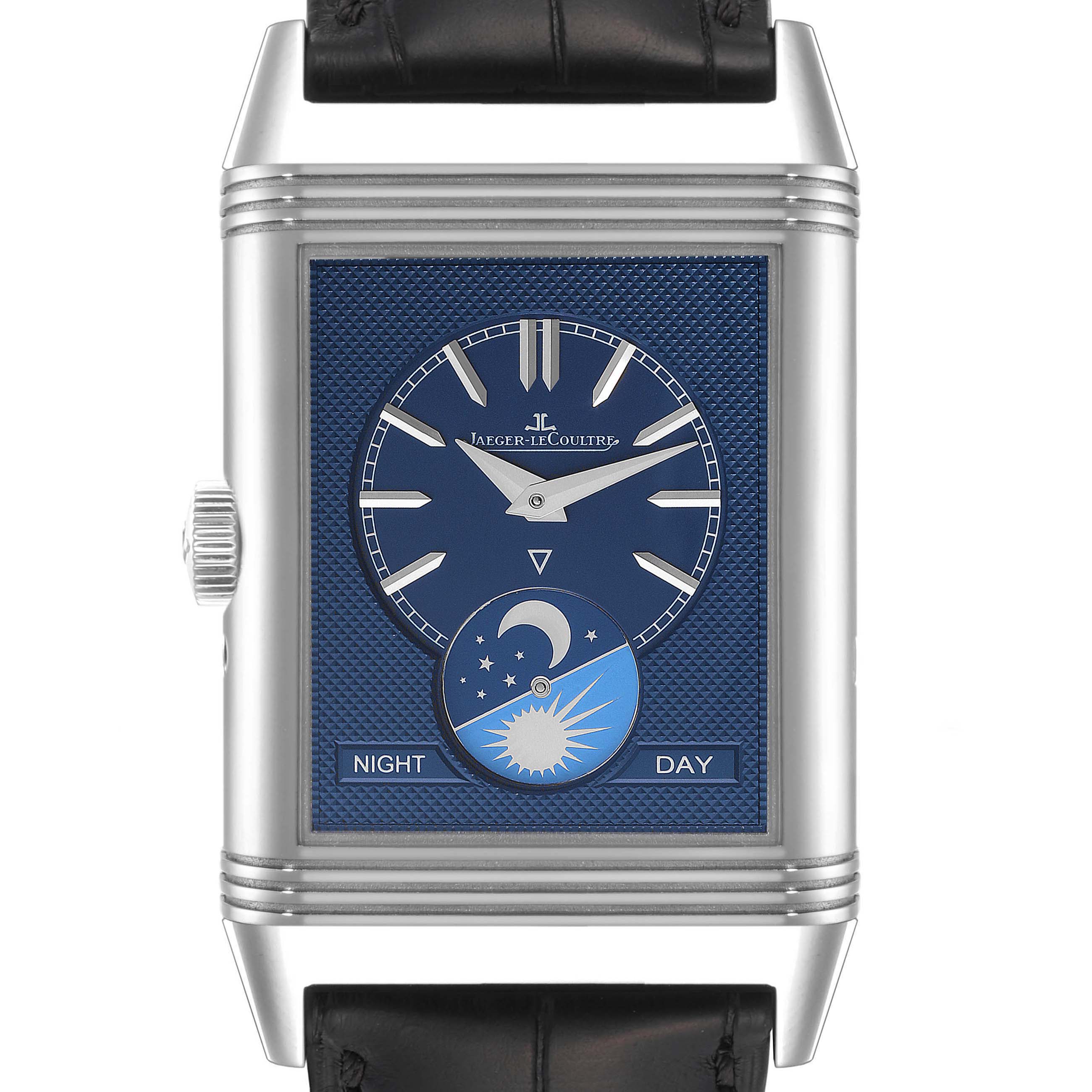 The image shows a frontal view of the Jaeger-LeCoultre Reverso watch, highlighting its blue dial and day-night complication.
