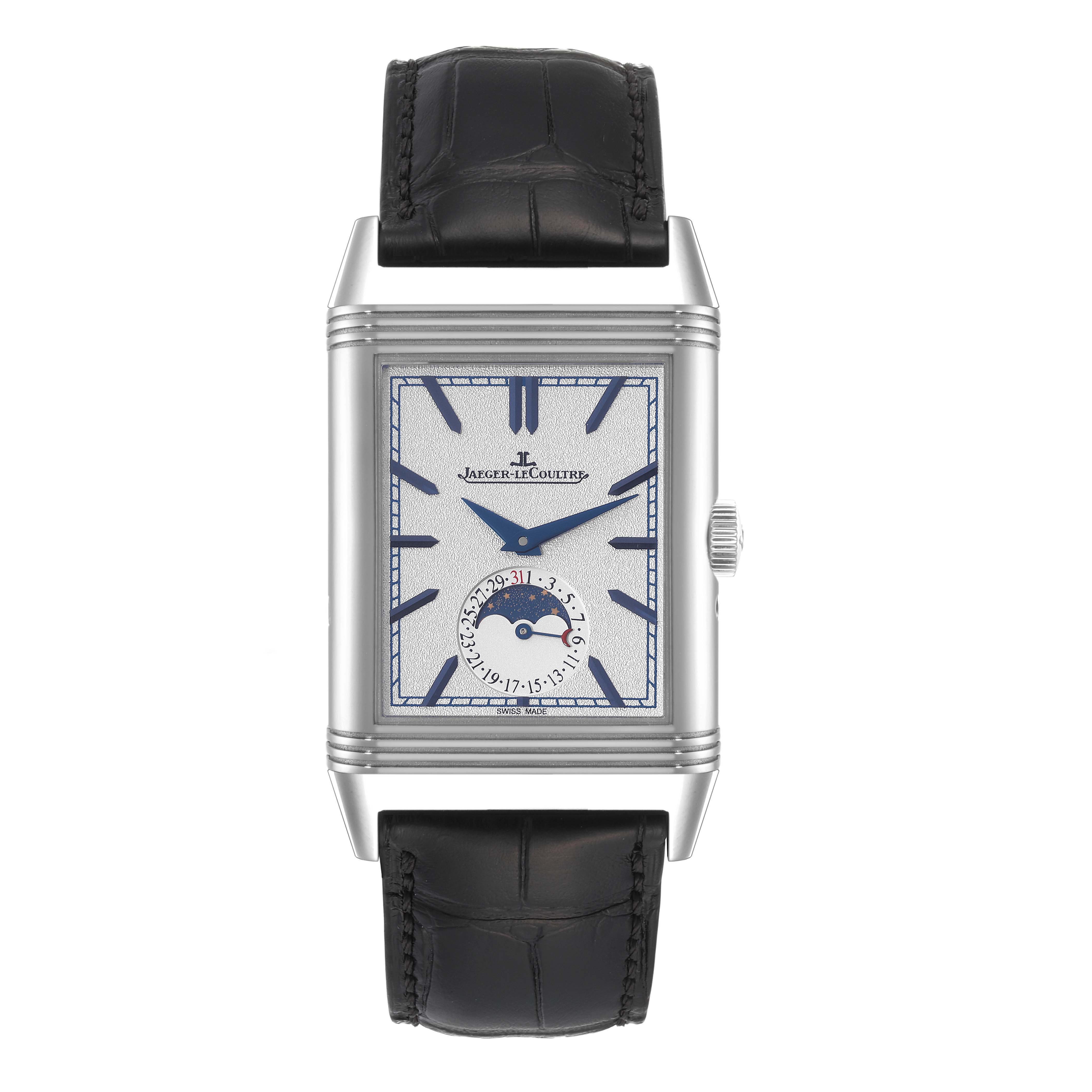 The image shows a front view of the Jaeger-LeCoultre Reverso watch, displaying its face and black leather strap.
