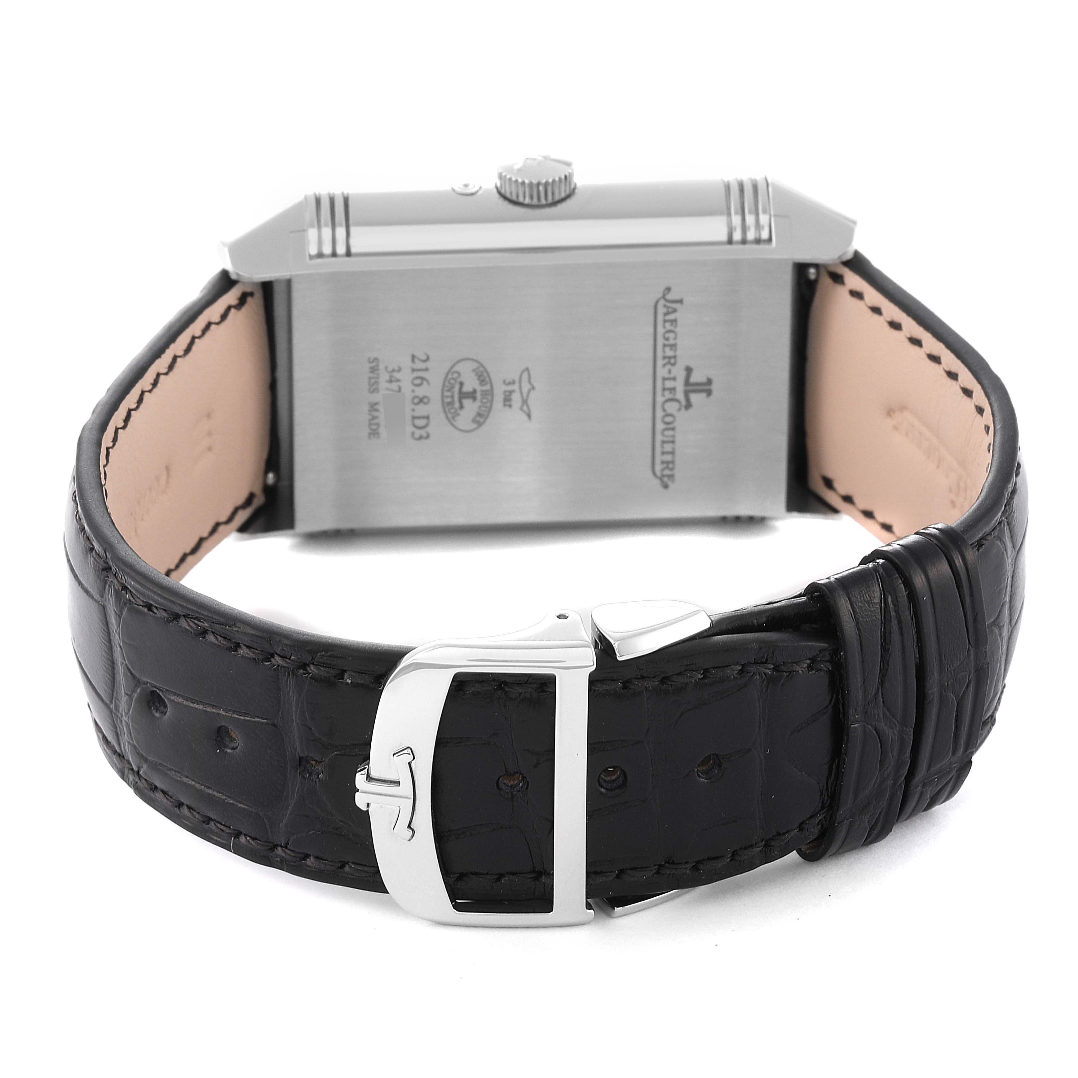 The image shows the back view of a Jaeger LeCoultre Reverso Q3958420 Men's Stainless Steel Silver Dial Q3958420 Men's Stainless Steel Silver Dial watch, displaying its case back and leather strap.