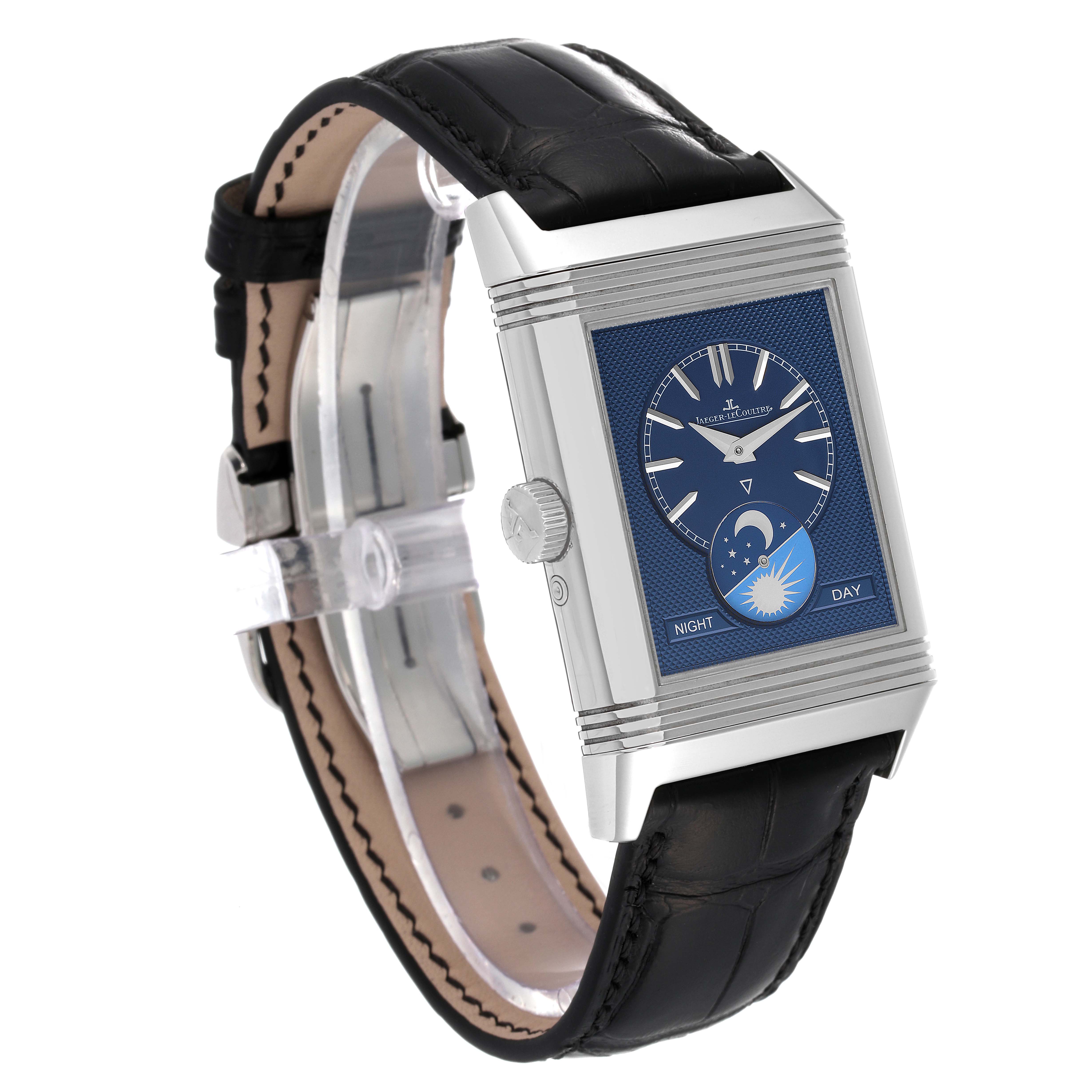 The image shows a Jaeger LeCoultre Reverso Q3958420 Men's Stainless Steel Silver Dial Q3958420 Men's Stainless Steel Silver Dial watch, angled to display the dial, crown, and black leather strap.
