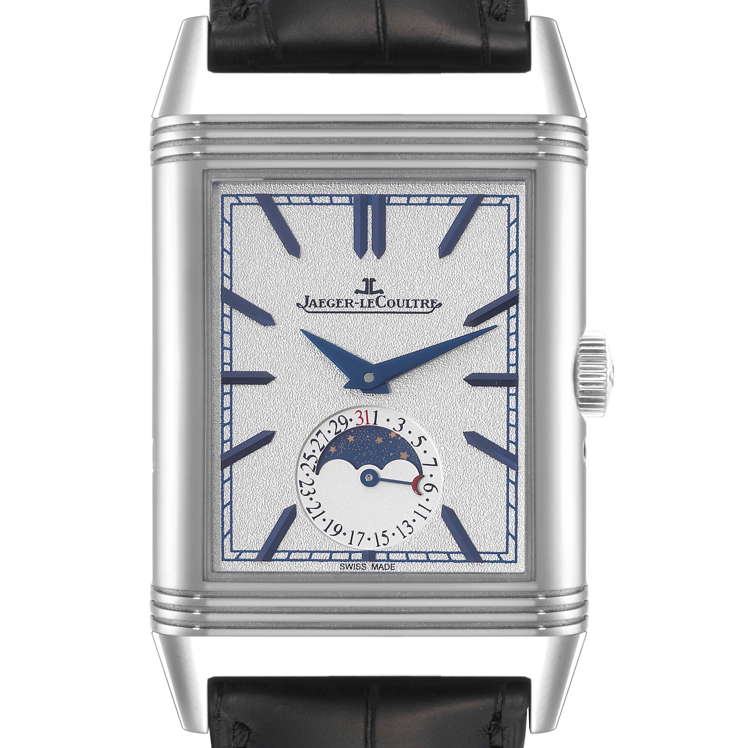 This is a front view of a Jaeger LeCoultre Reverso Q3958420 Men's Stainless Steel Silver Dial Q3958420 Men's Stainless Steel Silver Dial watch, displaying the dial, case, crown, and part of the strap.