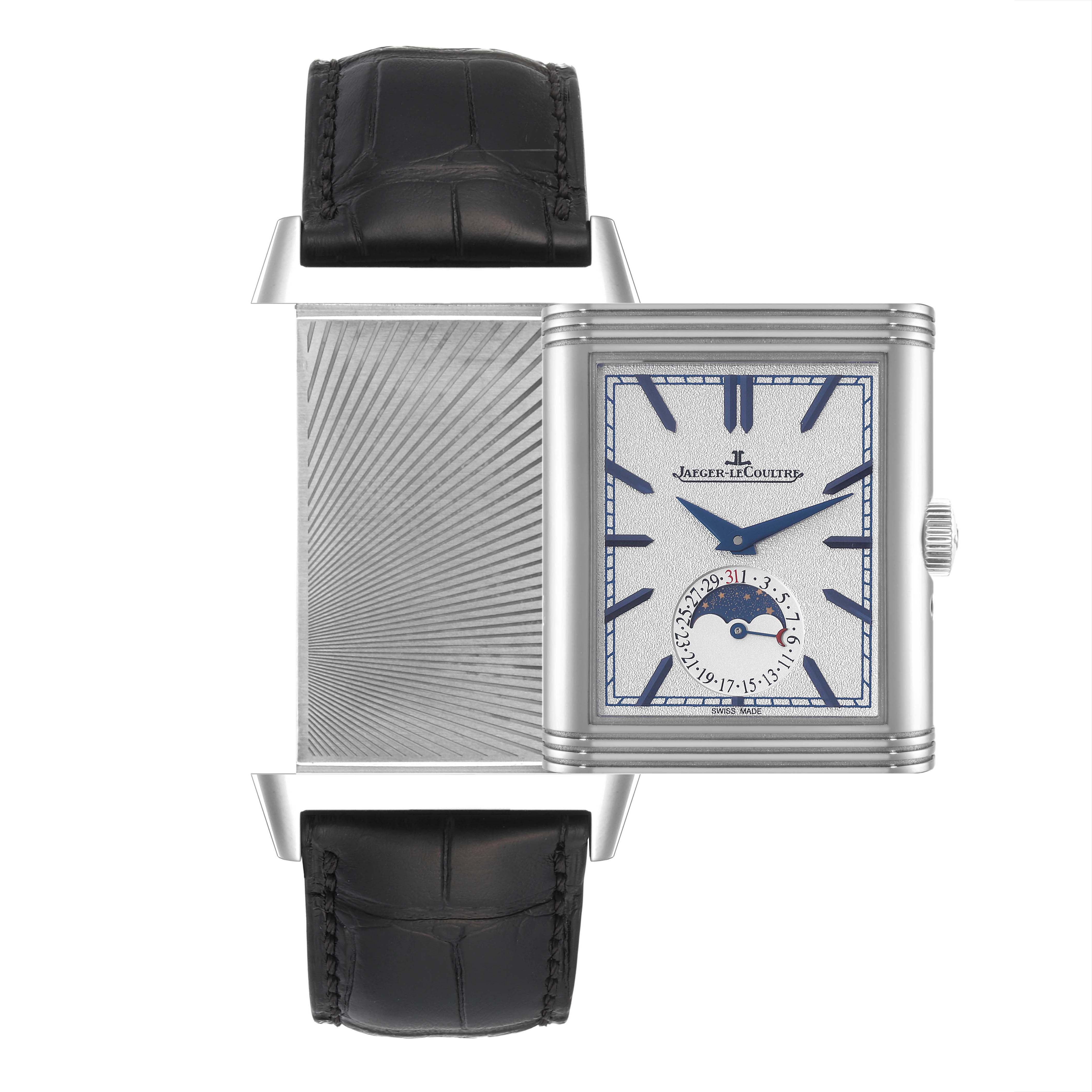 The image shows a front view of the open Reverso model by Jaeger LeCoultre, displaying both the face and the reverse side.
