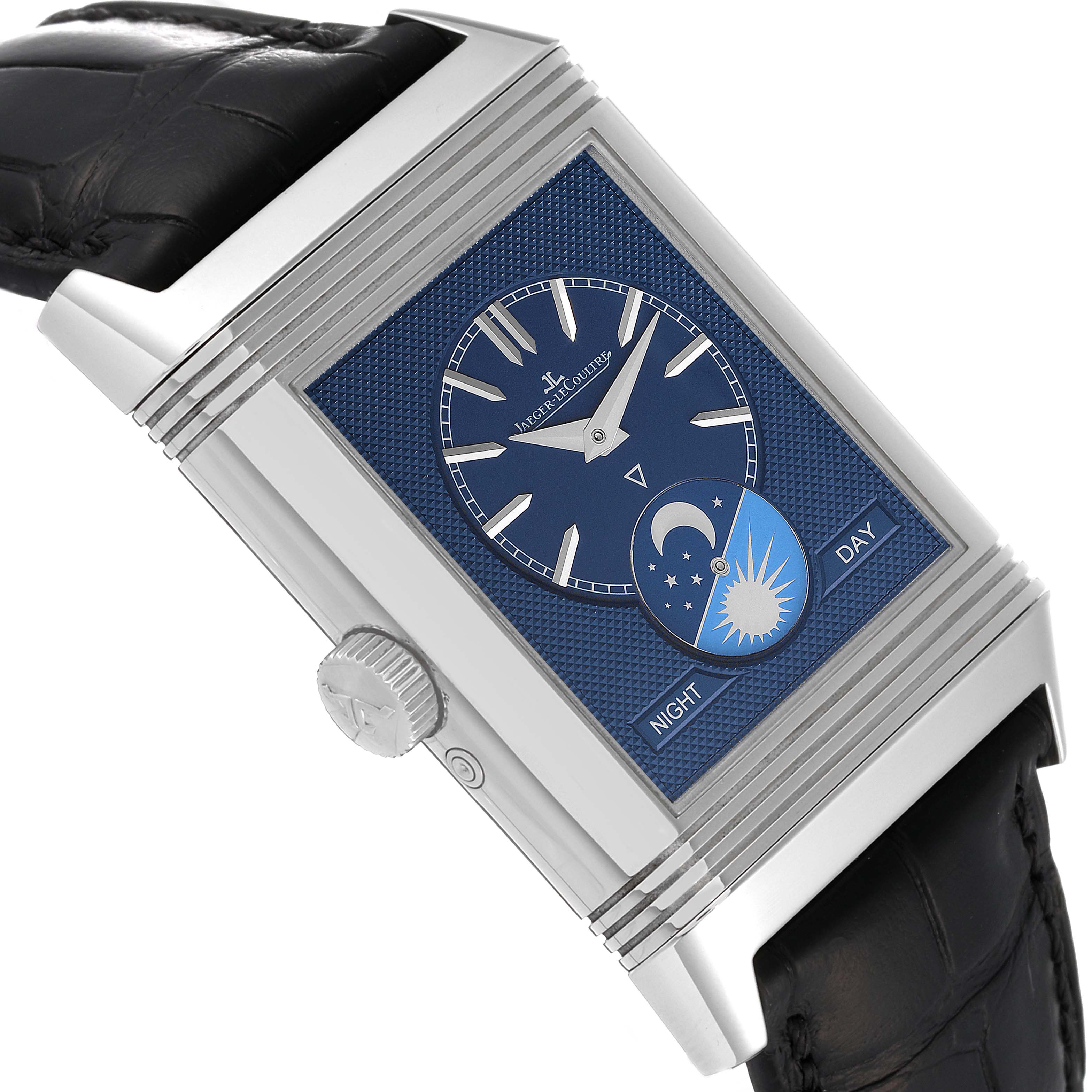 The image shows a Jaeger LeCoultre Reverso Q3958420 Men's Stainless Steel Silver Dial Q3958420 Men's Stainless Steel Silver Dial watch at a slight angle, displaying its dial, case, crown, and part of the strap.