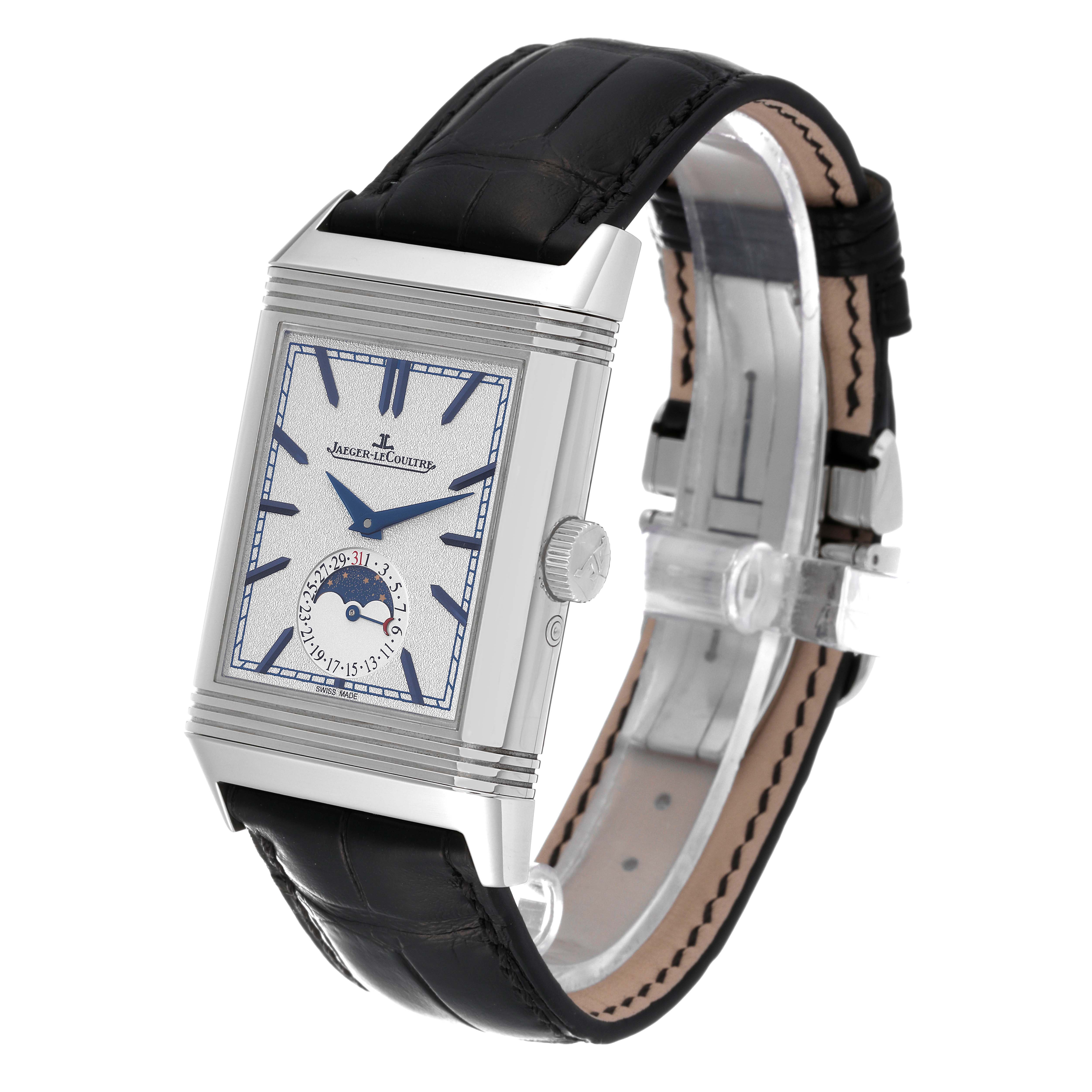 The image shows a side angle of the Jaeger LeCoultre Reverso Q3958420 Men's Stainless Steel Silver Dial Q3958420 Men's Stainless Steel Silver Dial watch, highlighting its rectangular case, crown, and leather strap.