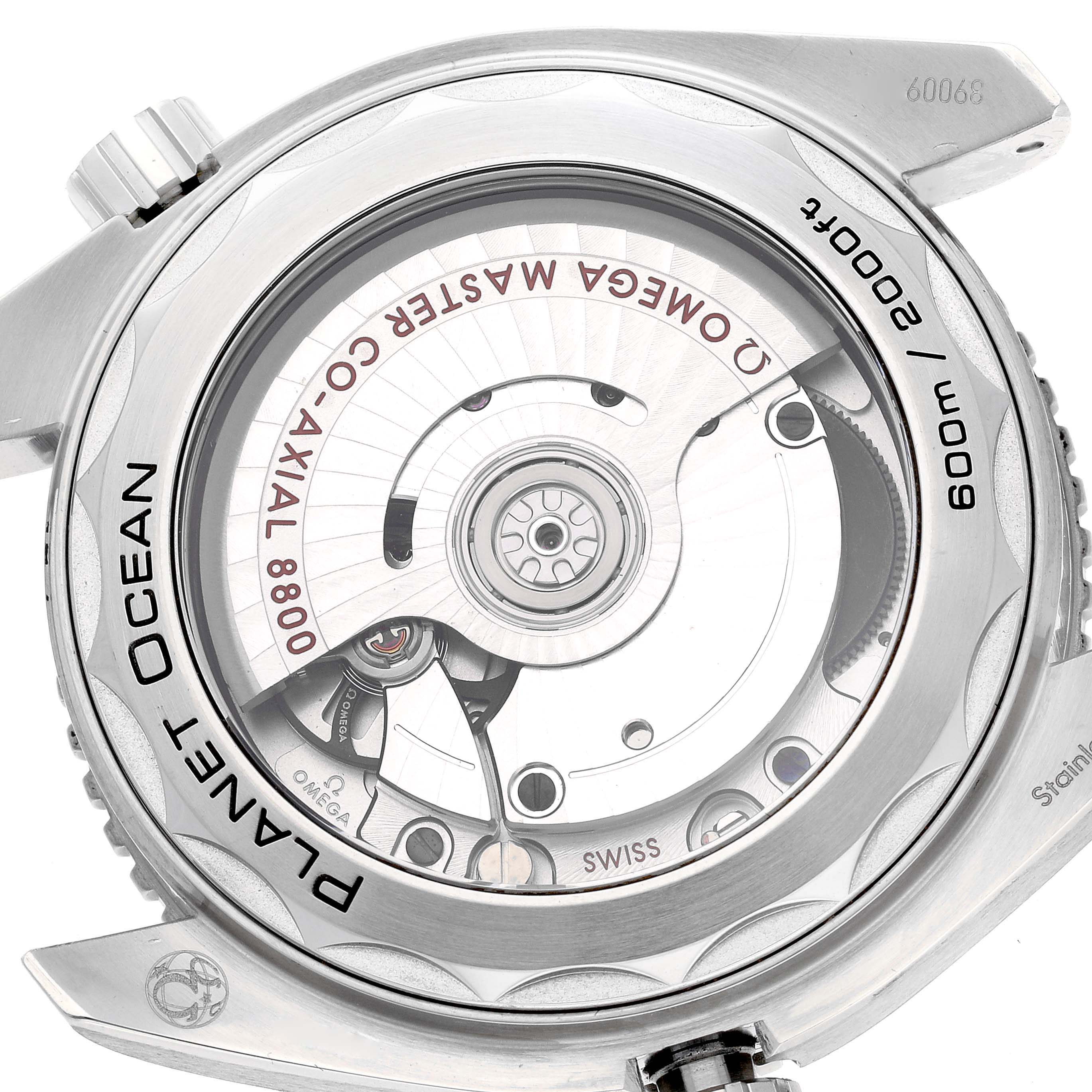 The image shows the back view of the Omega Planet Ocean 215.30.40.20.01.001 Men's Stainless Steel Black Dial 215.30.40.20.01.001 Men's Stainless Steel Black Dial watch, revealing the visible movement and rotor.