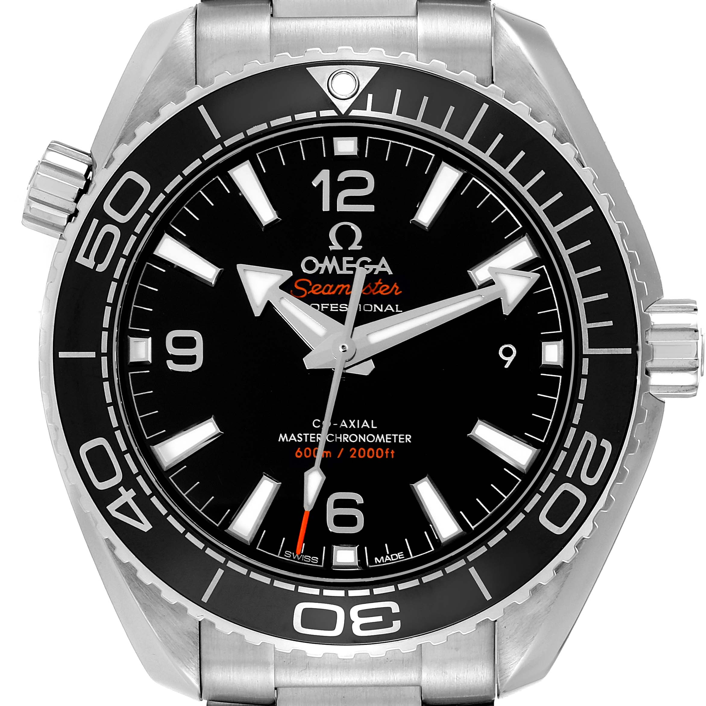 The image shows a front view of the Omega Planet Ocean 215.30.40.20.01.001 Men's Stainless Steel Black Dial 215.30.40.20.01.001 Men's Stainless Steel Black Dial watch, showcasing its black dial, bezel, and stainless steel case.