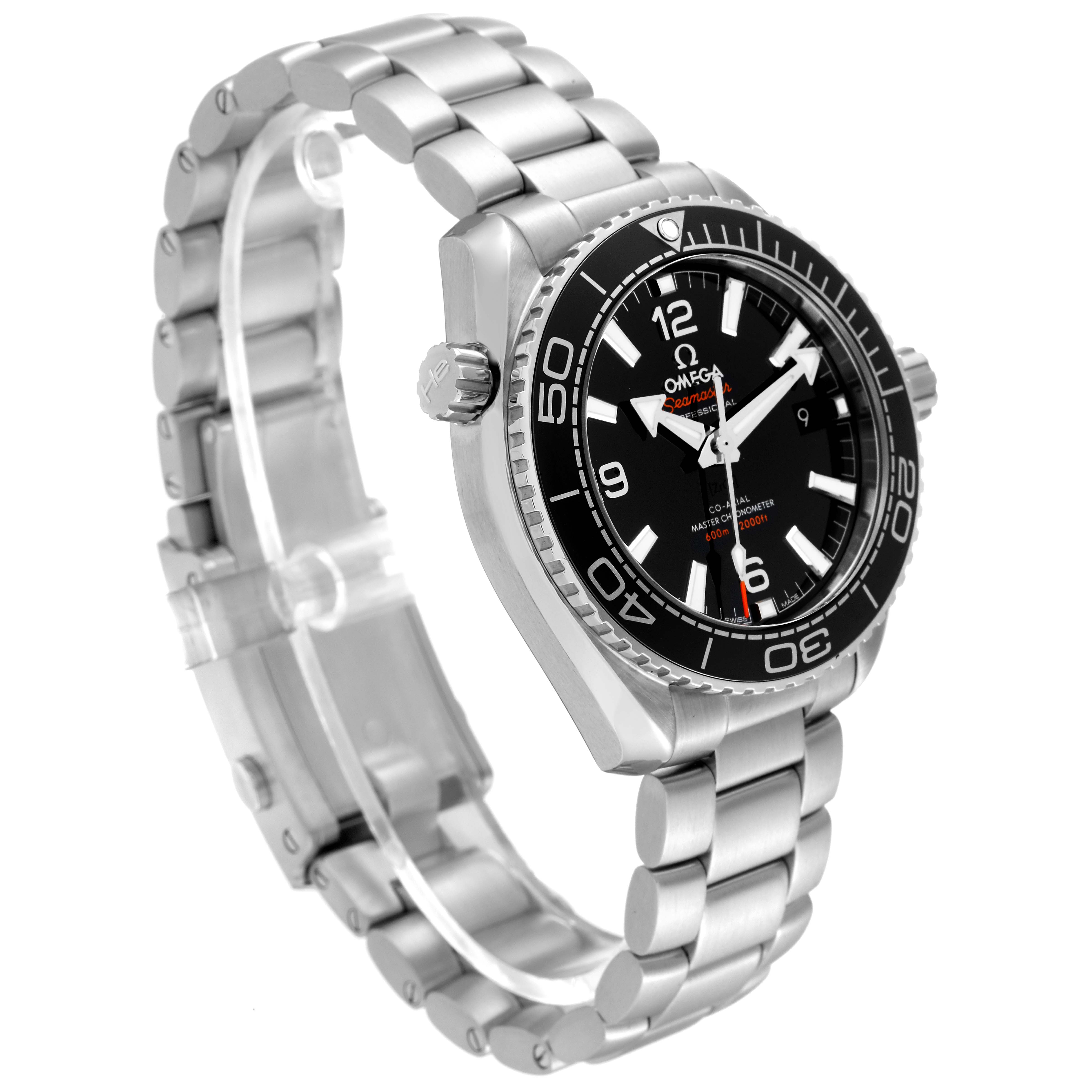 This image shows an angled view of the Omega Planet Ocean 215.30.40.20.01.001 Men's Stainless Steel Black Dial 215.30.40.20.01.001 Men's Stainless Steel Black Dial watch, highlighting the face, bezel, crown, and metal bracelet.