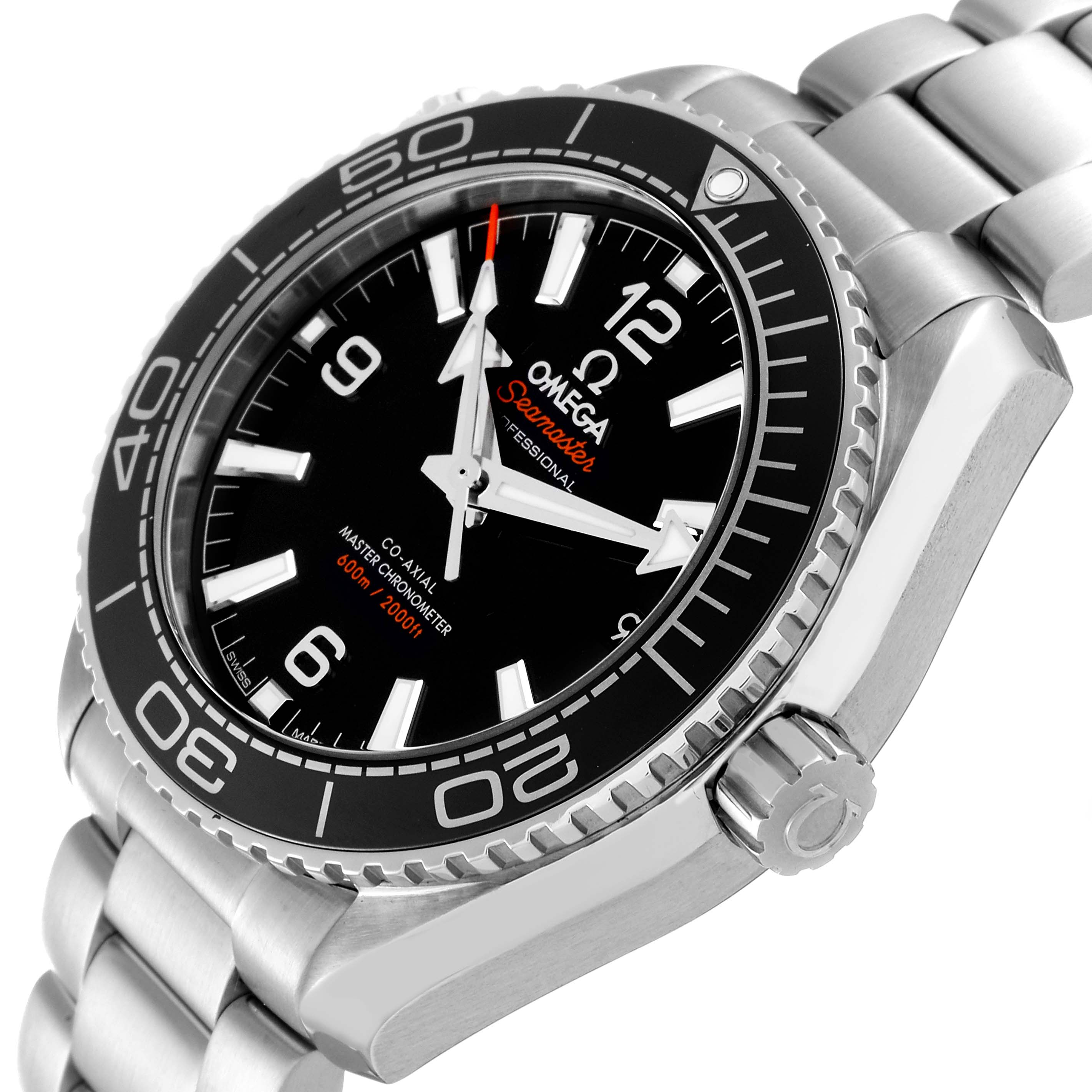 The image shows an angled view of the Omega Planet Ocean 215.30.40.20.01.001 Men's Stainless Steel Black Dial 215.30.40.20.01.001 Men's Stainless Steel Black Dial watch, focusing on the watch face, bezel, and part of the bracelet.