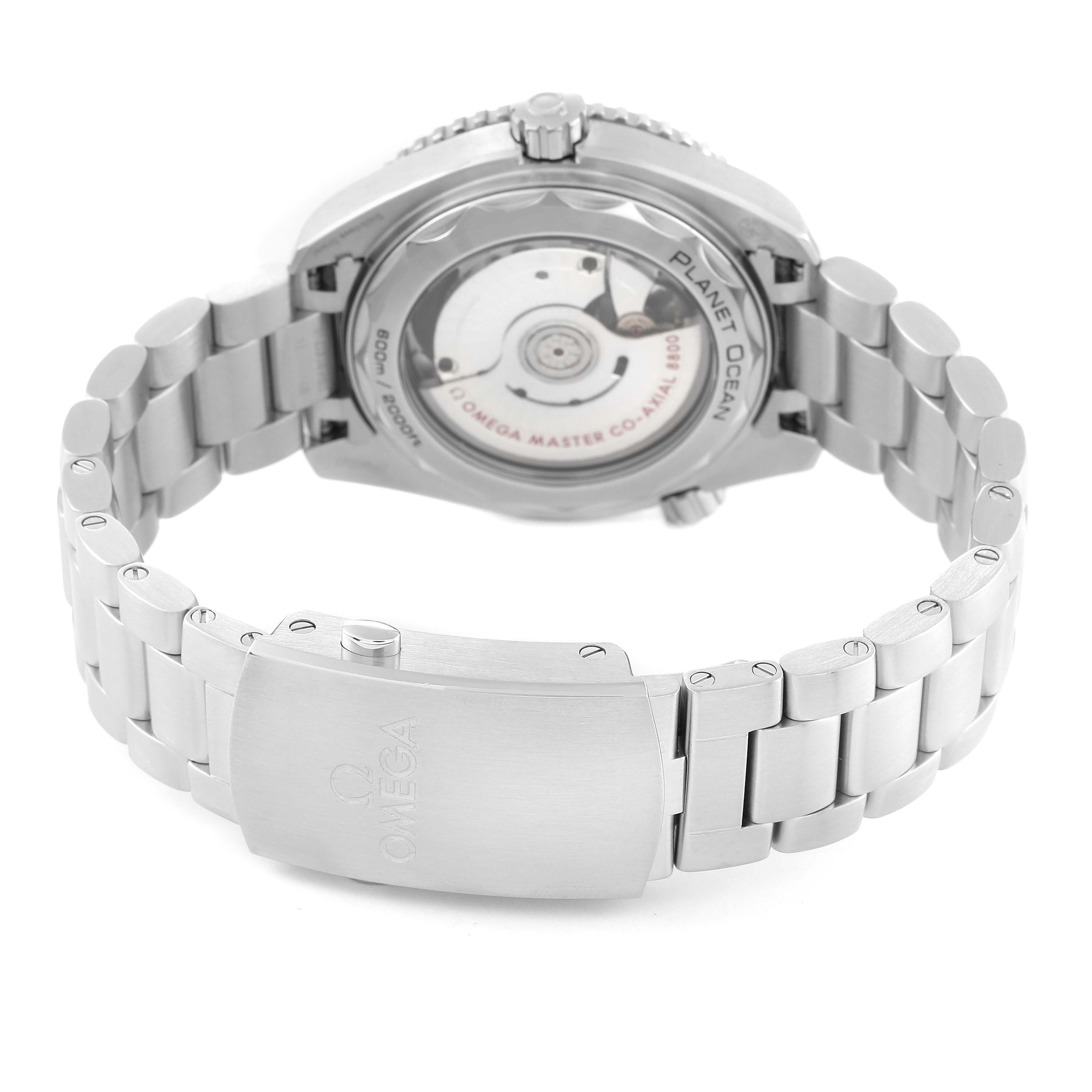 The image shows the back and bracelet of the Omega Planet Ocean 215.30.40.20.01.001 Men's Stainless Steel Black Dial 215.30.40.20.01.001 Men's Stainless Steel Black Dial watch, highlighting the case back and clasp.