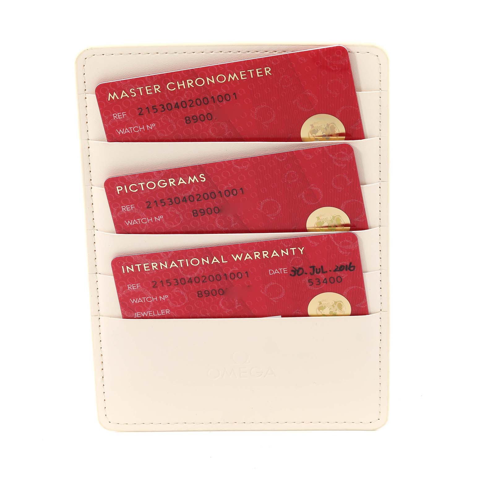 The image shows a set of Omega warranty, pictograms, and master chronometer cards for the Planet Ocean model in a cardholder.