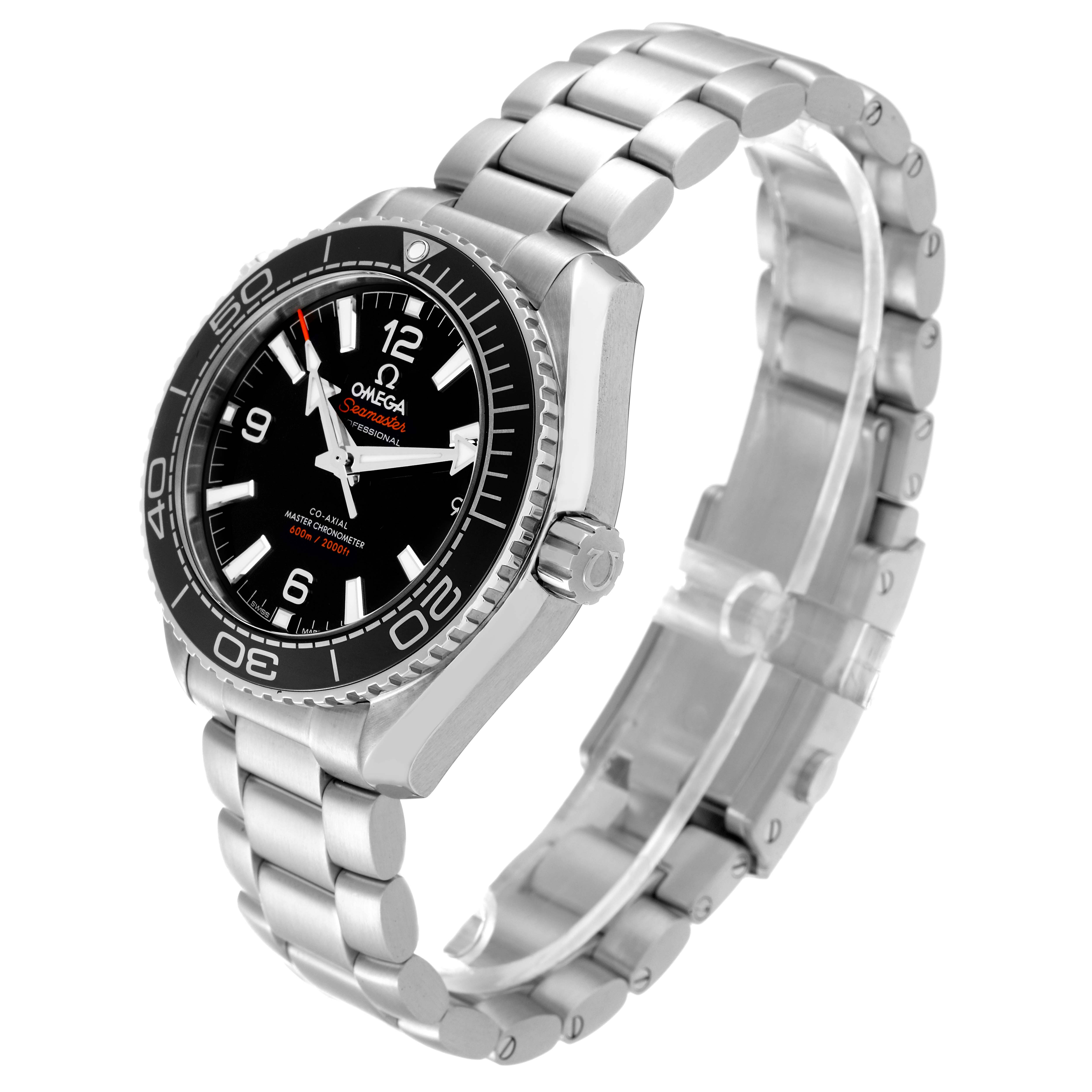 The Omega Planet Ocean 215.30.40.20.01.001 Men's Stainless Steel Black Dial 215.30.40.20.01.001 Men's Stainless Steel Black Dial watch is shown at an oblique angle, displaying its face, bezel, crown, and metal bracelet.