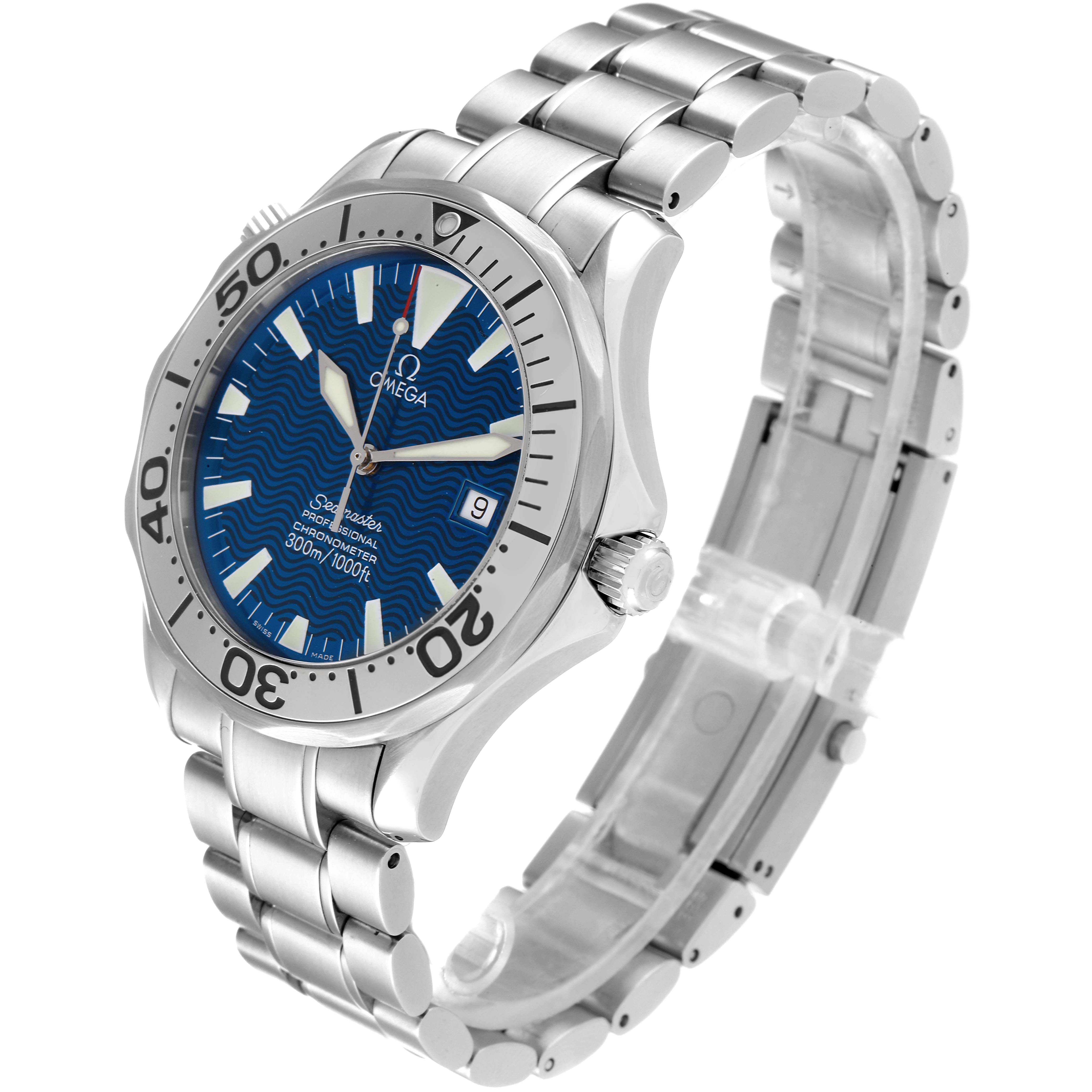 The image shows an Omega Seamaster 2255.80.00 Men's Stainless Steel Blue Dial 2255.80.00 Men's Stainless Steel Blue Dial watch at a three-quarter angle, highlighting the face, bezel, bracelet, and clasp.
