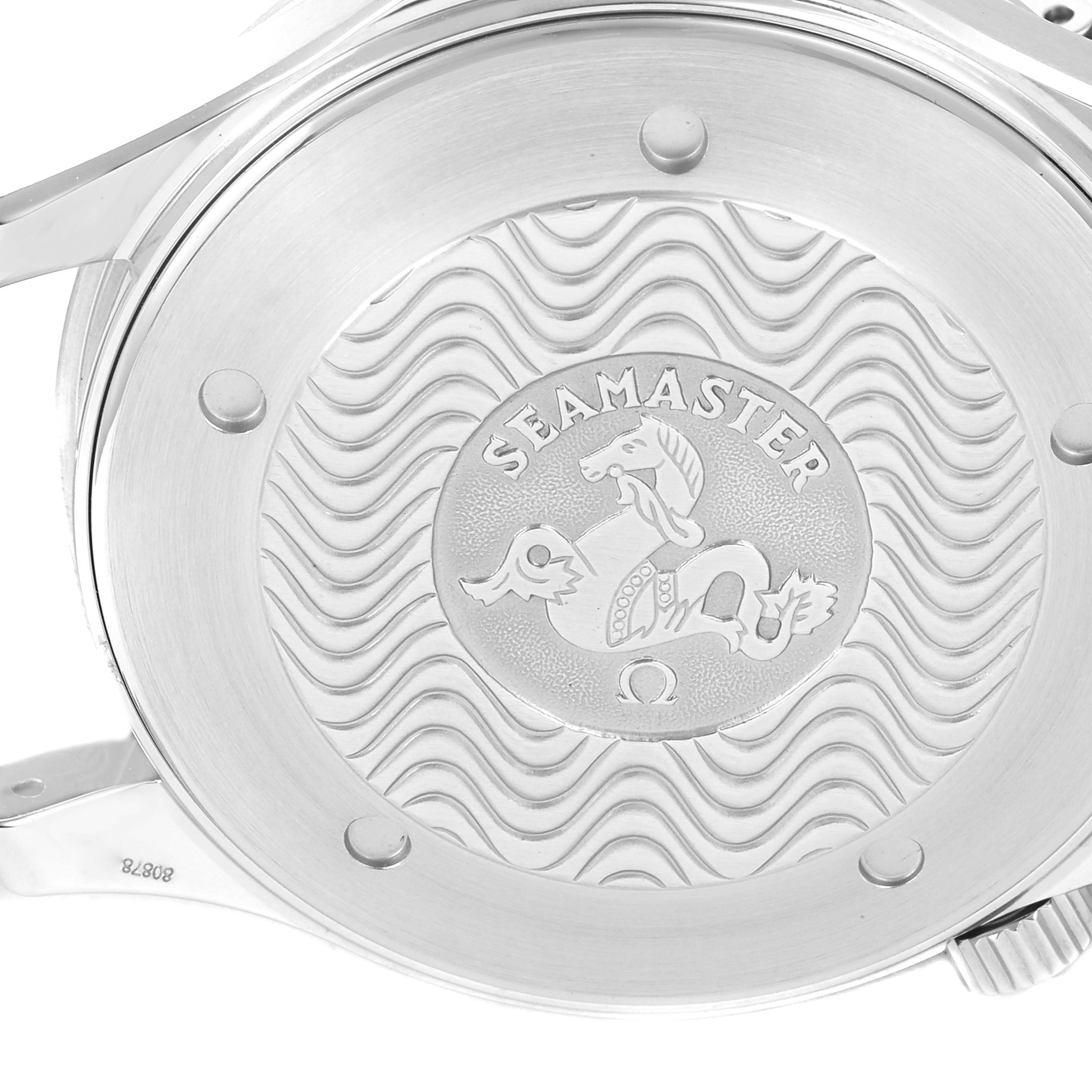 This image shows the engraved case back of the Omega Seamaster 2255.80.00 Men's Stainless Steel Blue Dial 2255.80.00 Men's Stainless Steel Blue Dial watch.