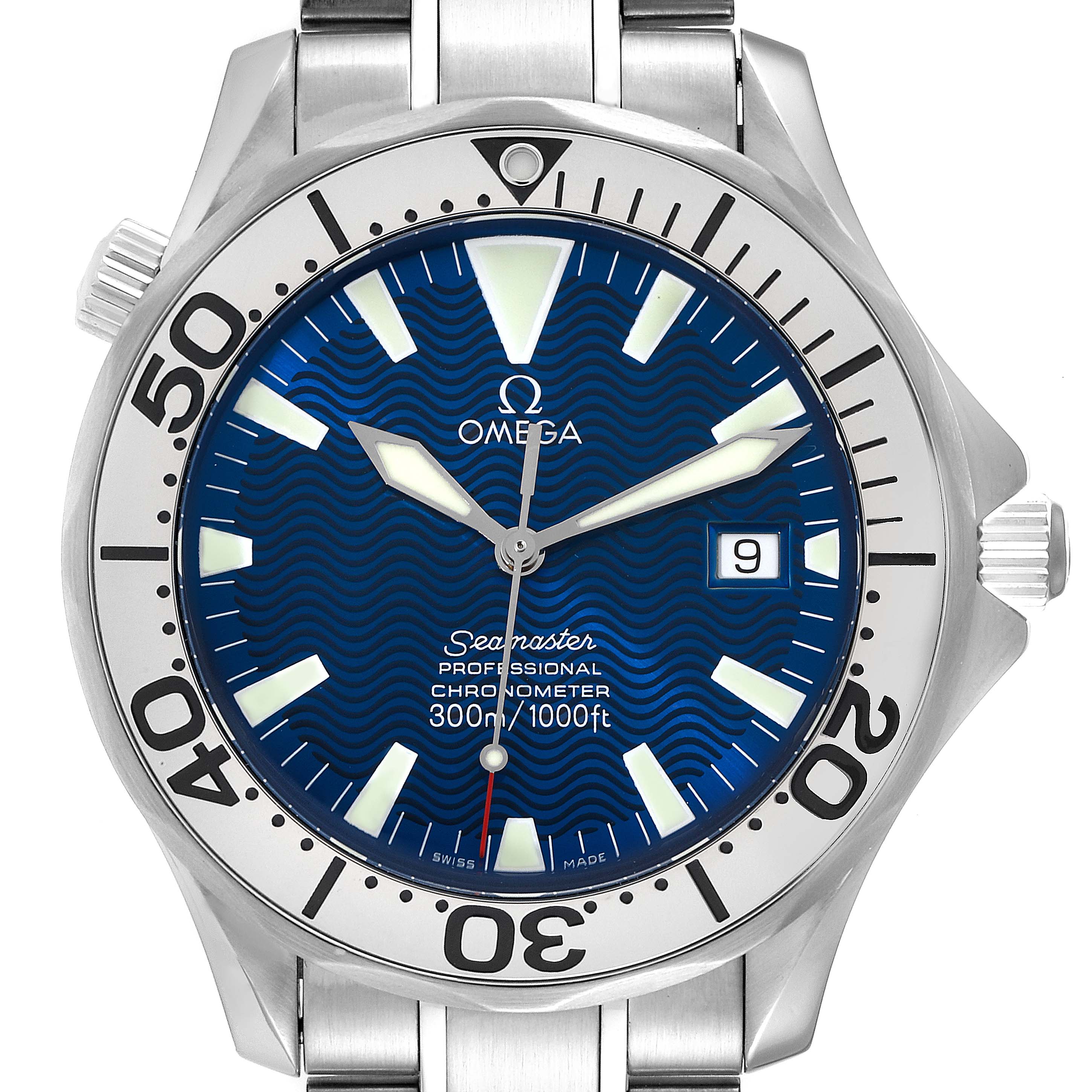 The image shows a front view of an Omega Seamaster 2255.80.00 Men's Stainless Steel Blue Dial 2255.80.00 Men's Stainless Steel Blue Dial watch, highlighting the dial, bezel, hands, and partial bracelet.