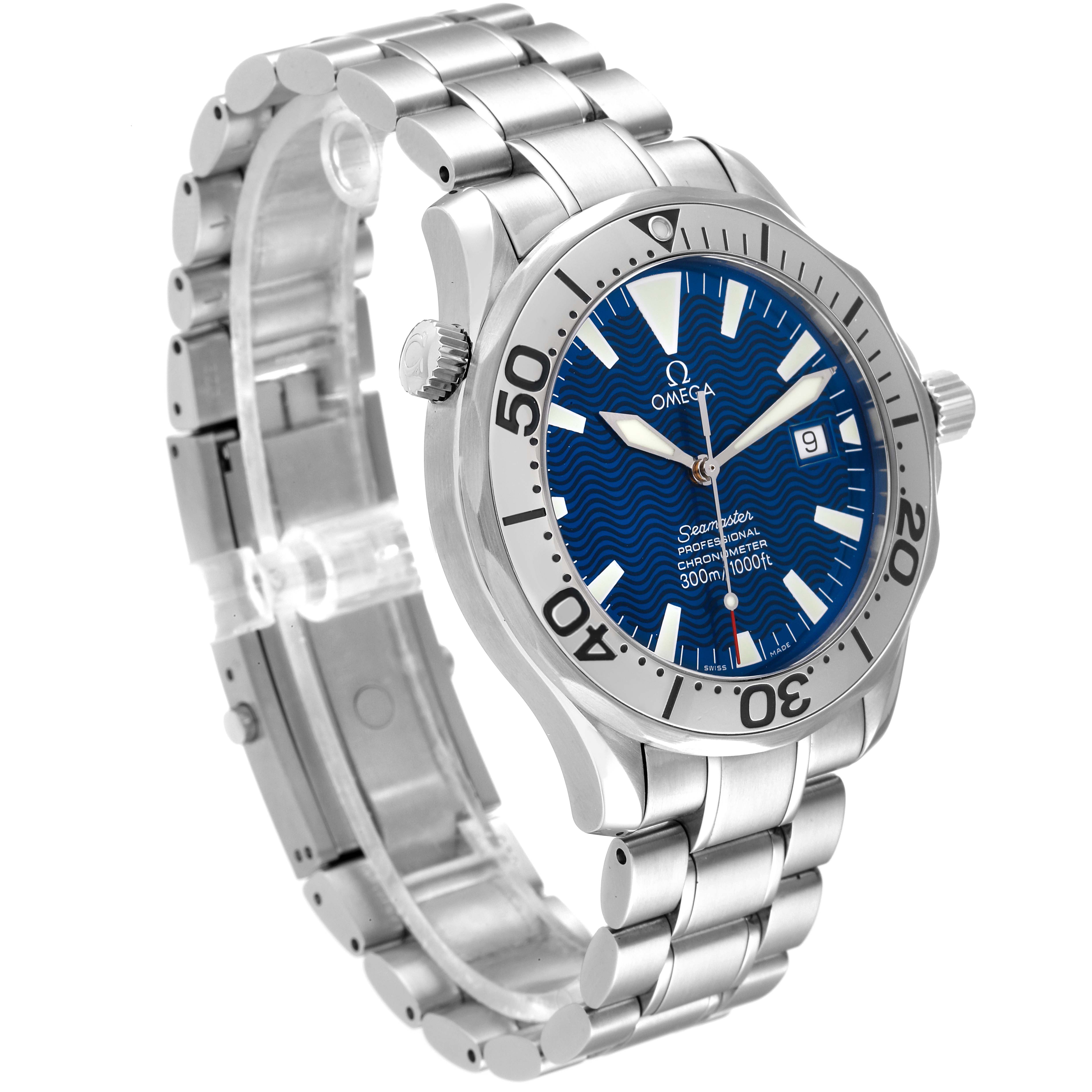 The Omega Seamaster 2255.80.00 Men's Stainless Steel Blue Dial 2255.80.00 Men's Stainless Steel Blue Dial watch is shown from an oblique angle, displaying the dial, bezel, crown, and bracelet.
