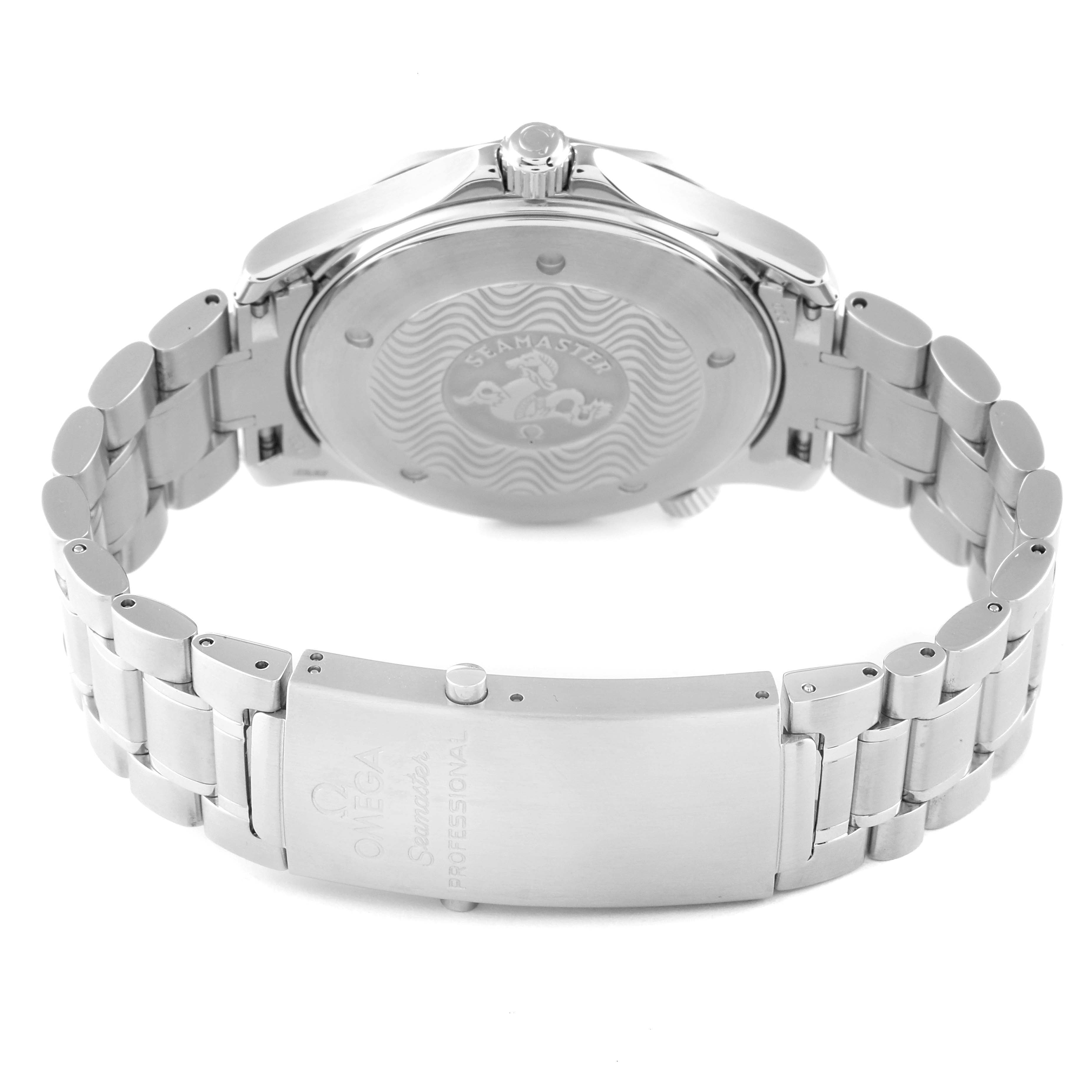 The image shows the back case and bracelet clasp of an Omega Seamaster 2255.80.00 Men's Stainless Steel Blue Dial 2255.80.00 Men's Stainless Steel Blue Dial watch, highlighting the engraved back and closure.