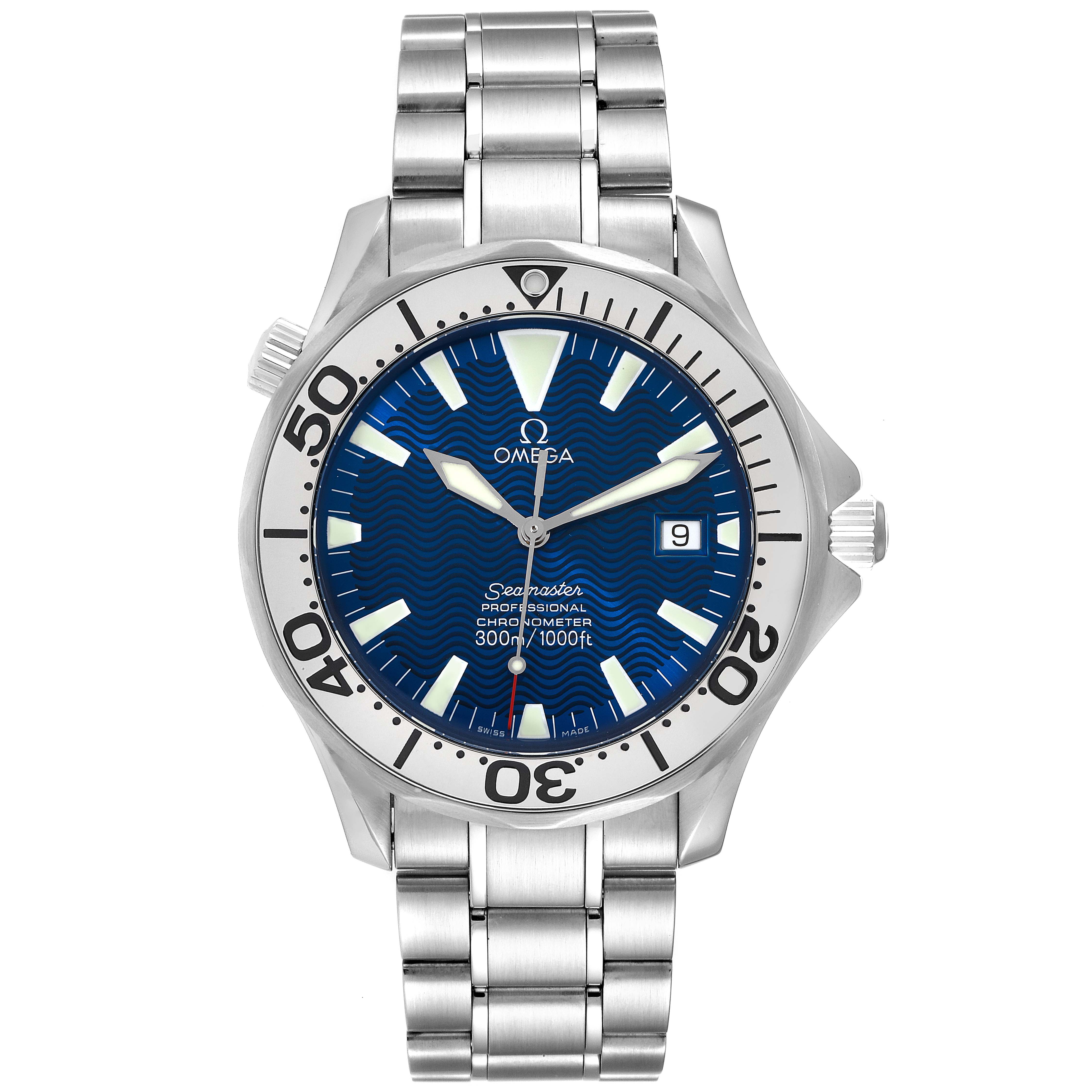This image shows a front view of the Omega Seamaster 2255.80.00 Men's Stainless Steel Blue Dial 2255.80.00 Men's Stainless Steel Blue Dial watch, displaying its dial, bezel, and metal bracelet.
