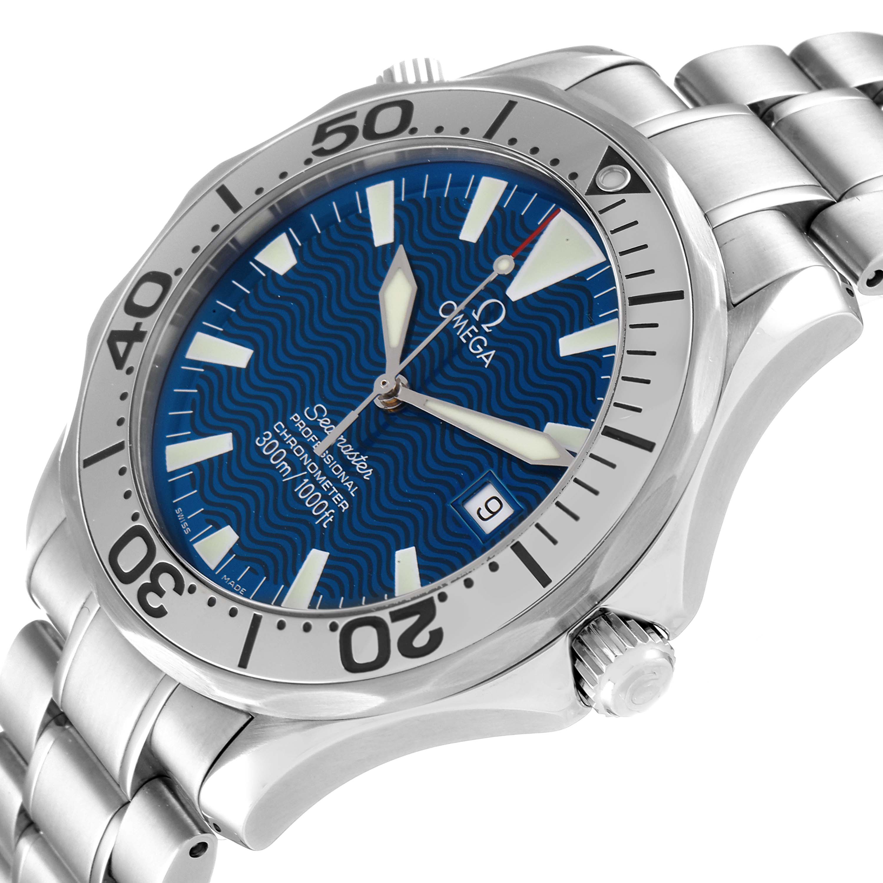 The image shows an angled view of the Omega Seamaster 2255.80.00 Men's Stainless Steel Blue Dial 2255.80.00 Men's Stainless Steel Blue Dial watch, highlighting the face, bezel, bracelet, and crown.