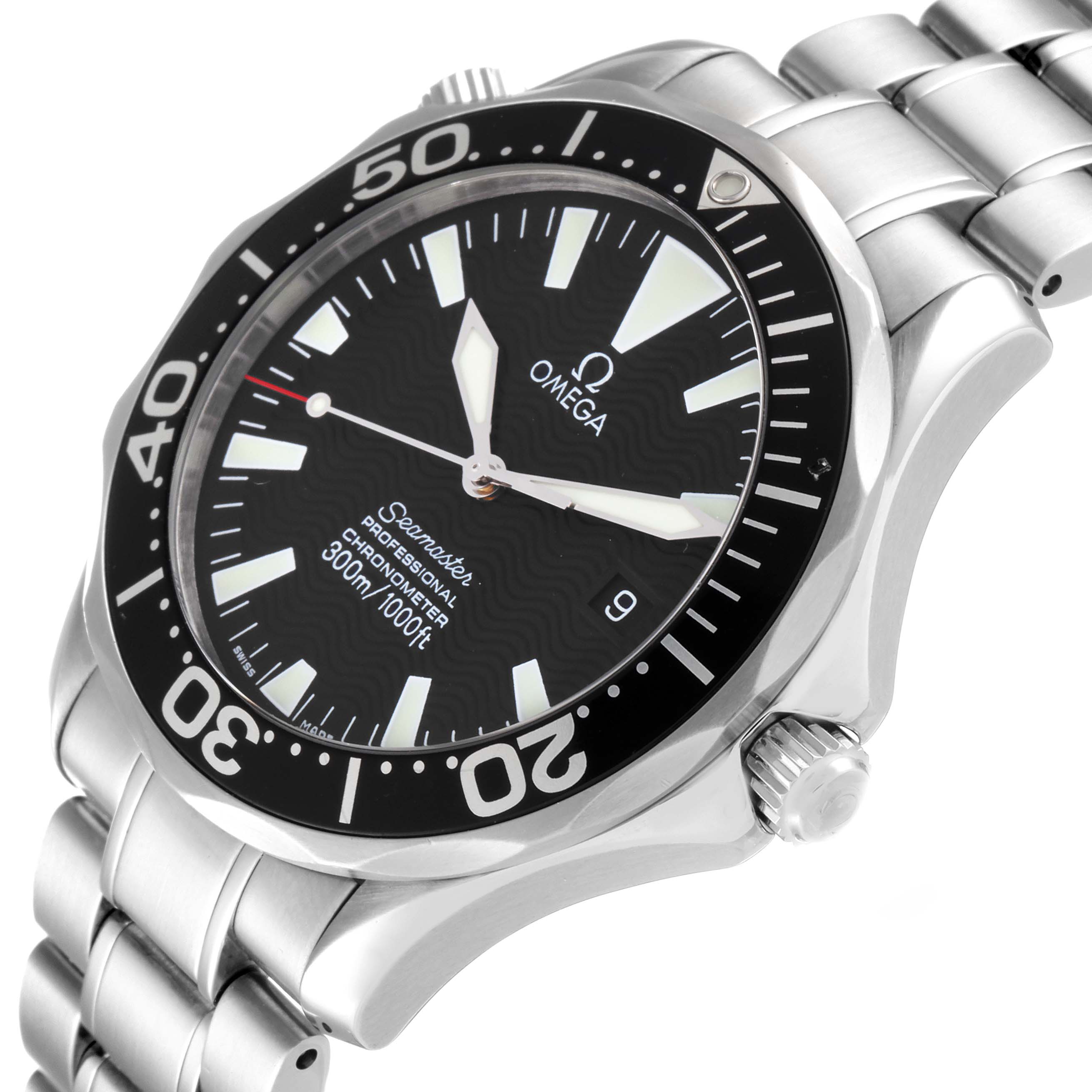 The image shows a close-up angle of the Omega Seamaster 2254.50.00 Men's Stainless Steel Black Dial 2254.50.00 Men's Stainless Steel Black Dial watch featuring its face, bezel, crown, and part of the bracelet.