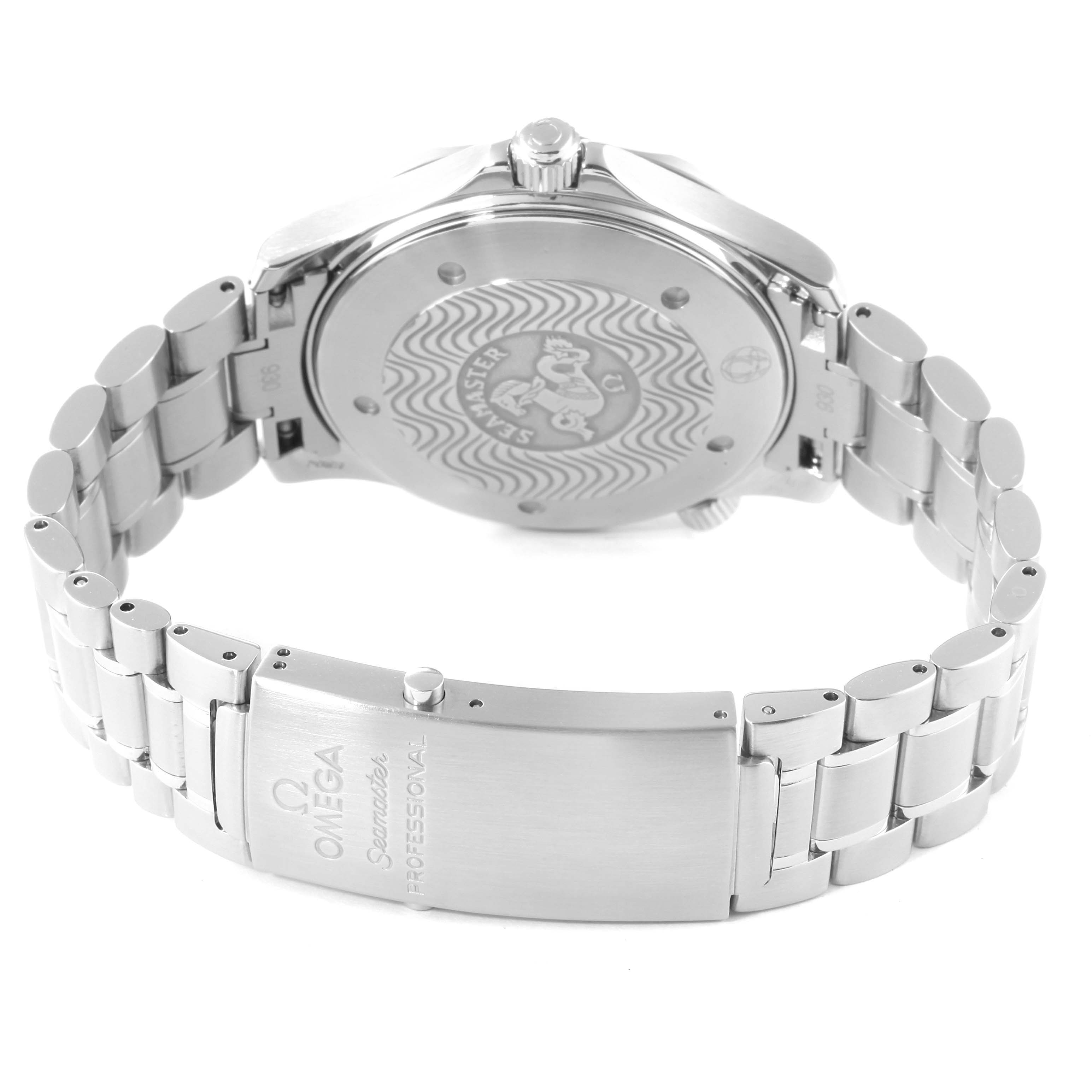 The image shows the back and bracelet of an Omega Seamaster 2254.50.00 Men's Stainless Steel Black Dial 2254.50.00 Men's Stainless Steel Black Dial watch, highlighting the clasp and case back.