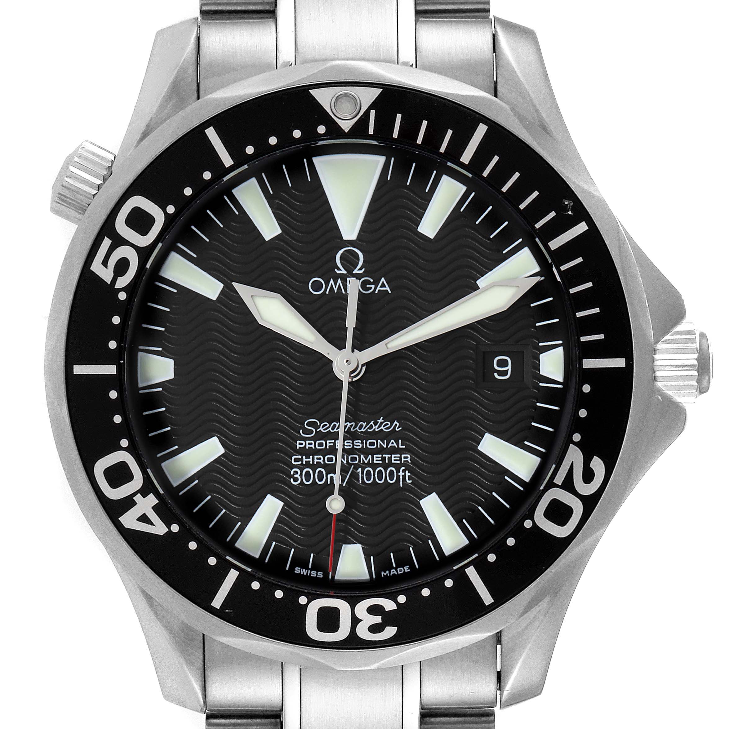 This image shows the front face and bezel of the Omega Seamaster 2254.50.00 Men's Stainless Steel Black Dial 2254.50.00 Men's Stainless Steel Black Dial, including the dial, hands, and part of the bracelet.
