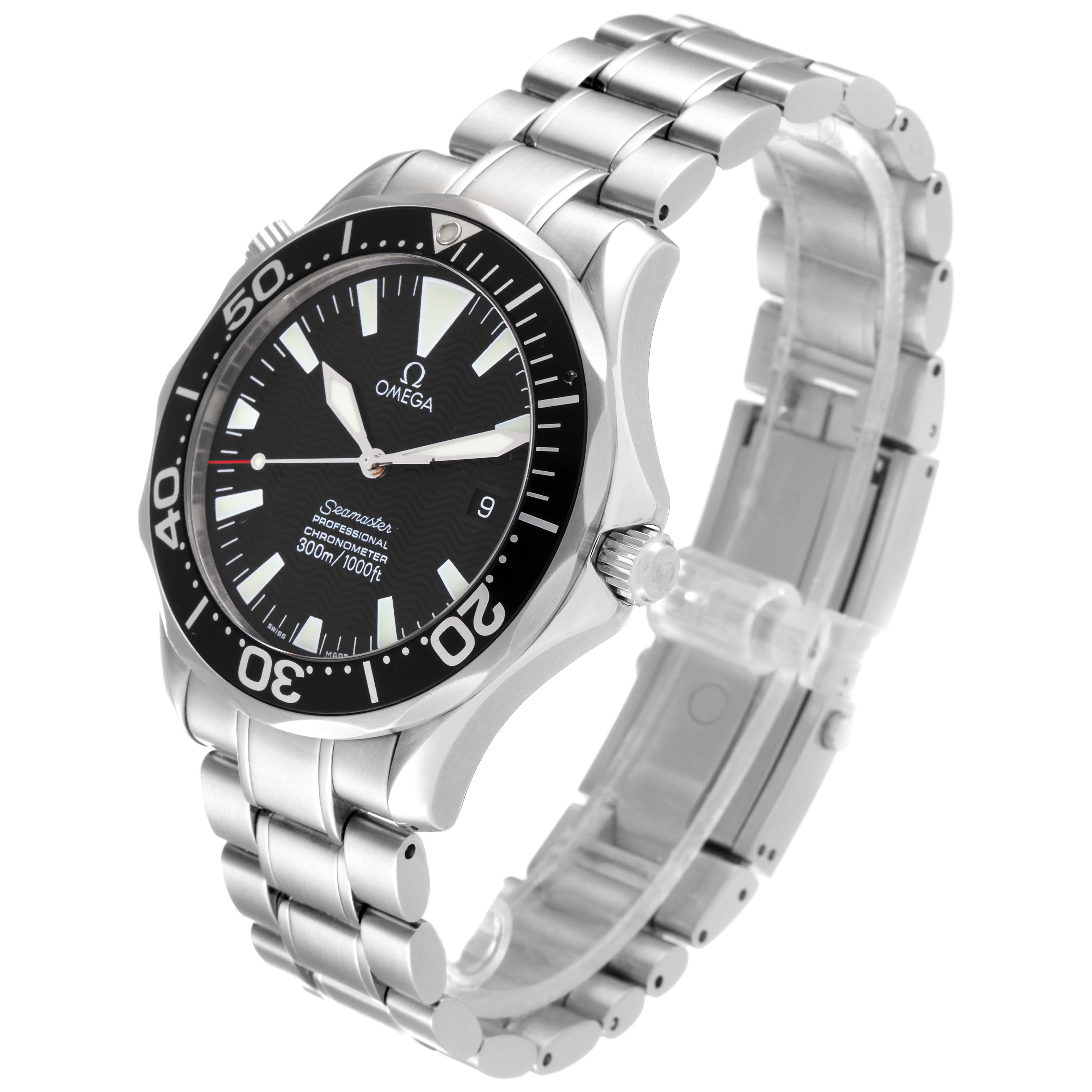 The image shows an angled view of the Omega Seamaster 2254.50.00 Men's Stainless Steel Black Dial 2254.50.00 Men's Stainless Steel Black Dial watch, featuring its face, bezel, crown, and metal bracelet.