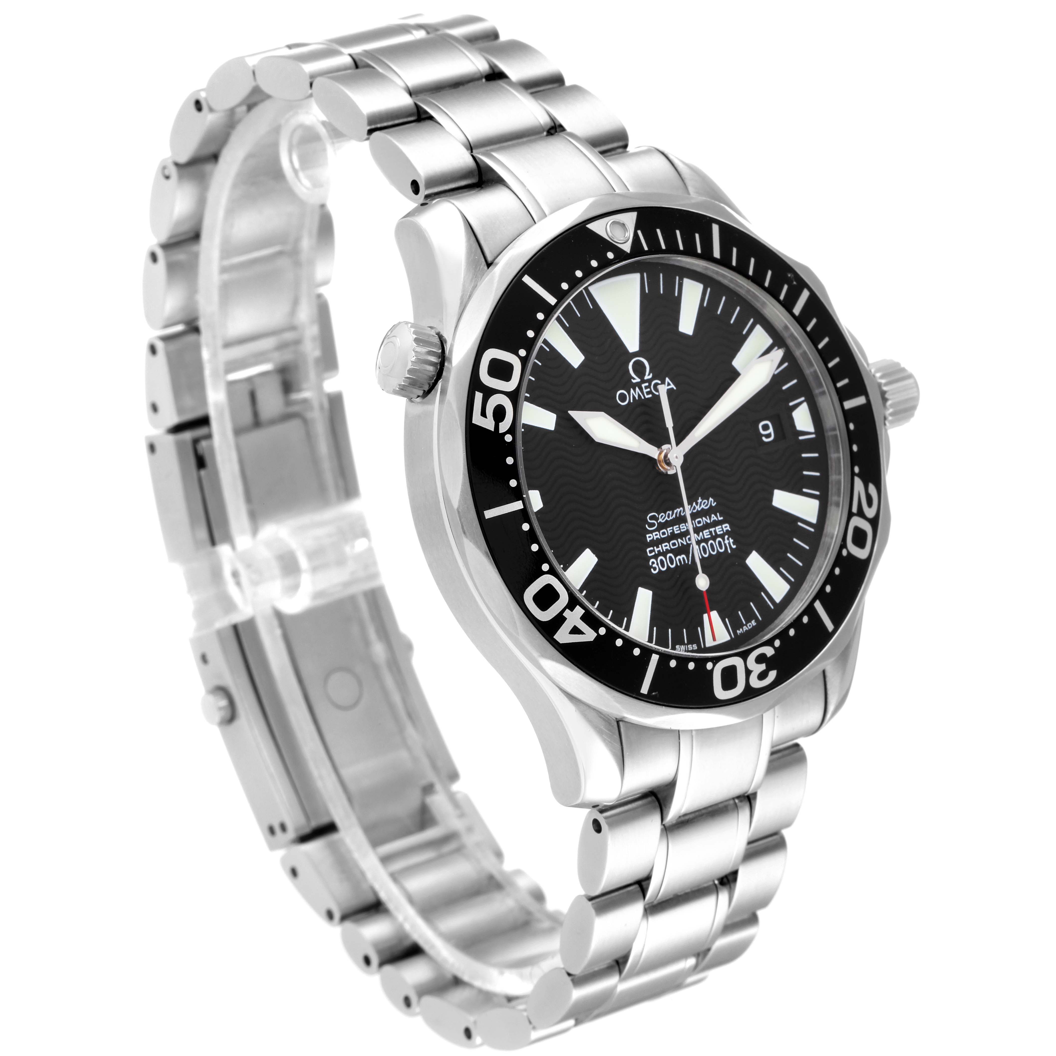 The image shows a three-quarter view of the Omega Seamaster 2254.50.00 Men's Stainless Steel Black Dial 2254.50.00 Men's Stainless Steel Black Dial watch, highlighting its face, bezel, crown, and metal bracelet.