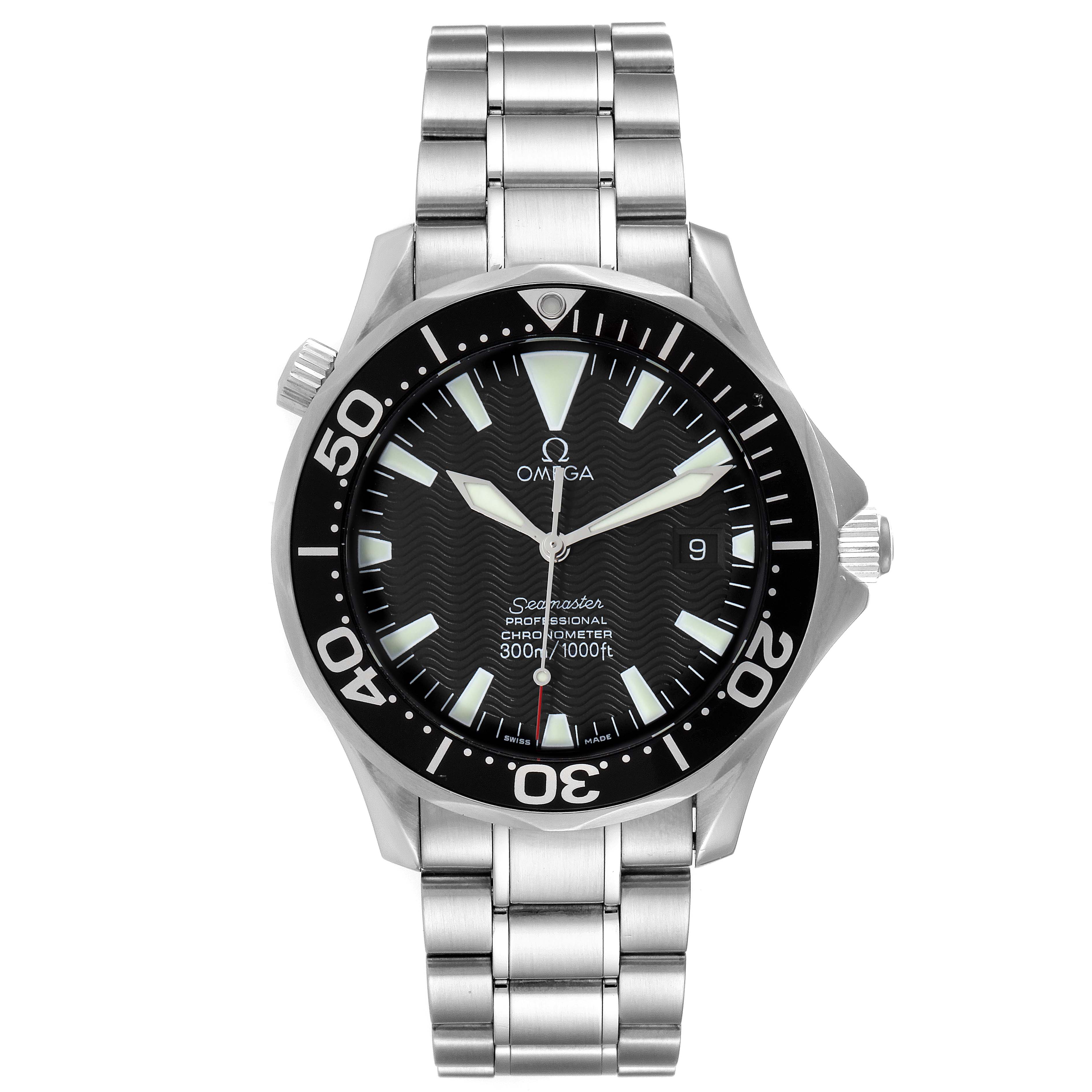 The image shows a front view of an Omega Seamaster 2254.50.00 Men's Stainless Steel Black Dial 2254.50.00 Men's Stainless Steel Black Dial watch, featuring its dial, bezel, and metal bracelet.